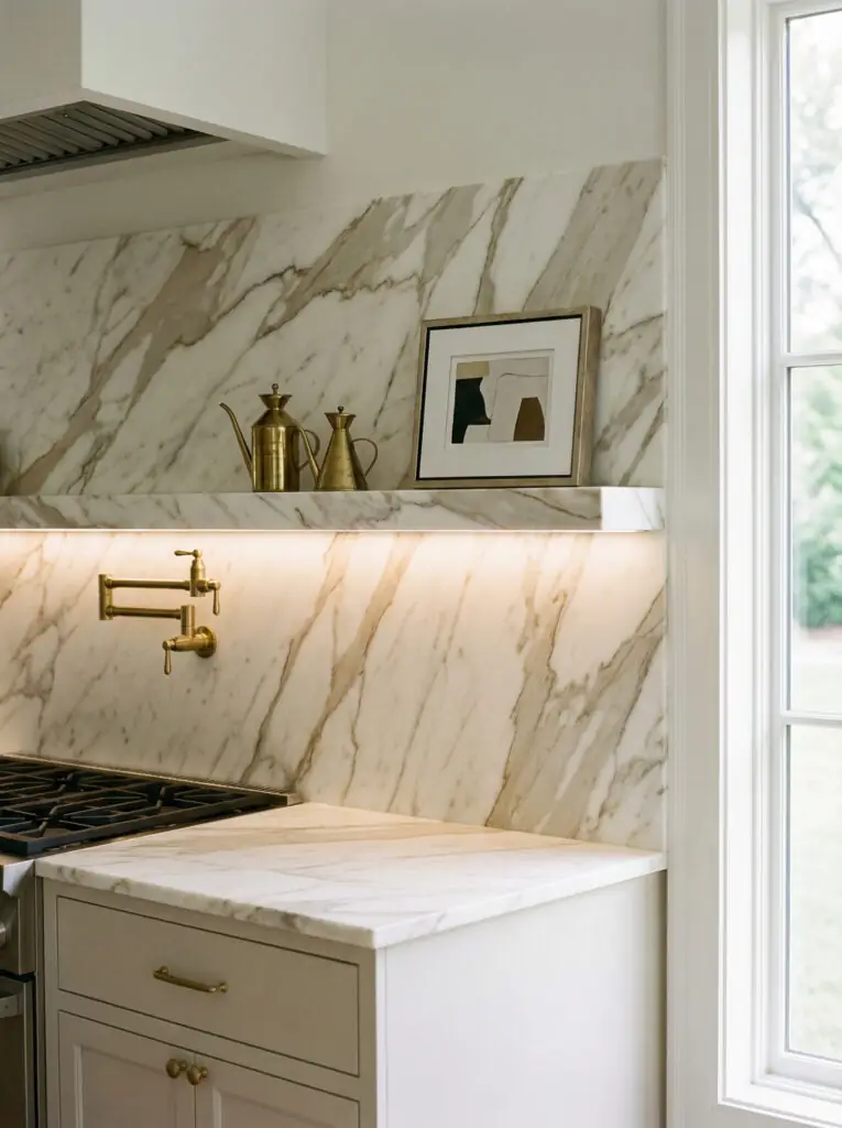 Cuisine luxueuse dotée d'un plan de travail en marbre Calacatta Gold se prolongeant sur le mur en une crédence en dalle pleine hauteur et une étagère en pierre.