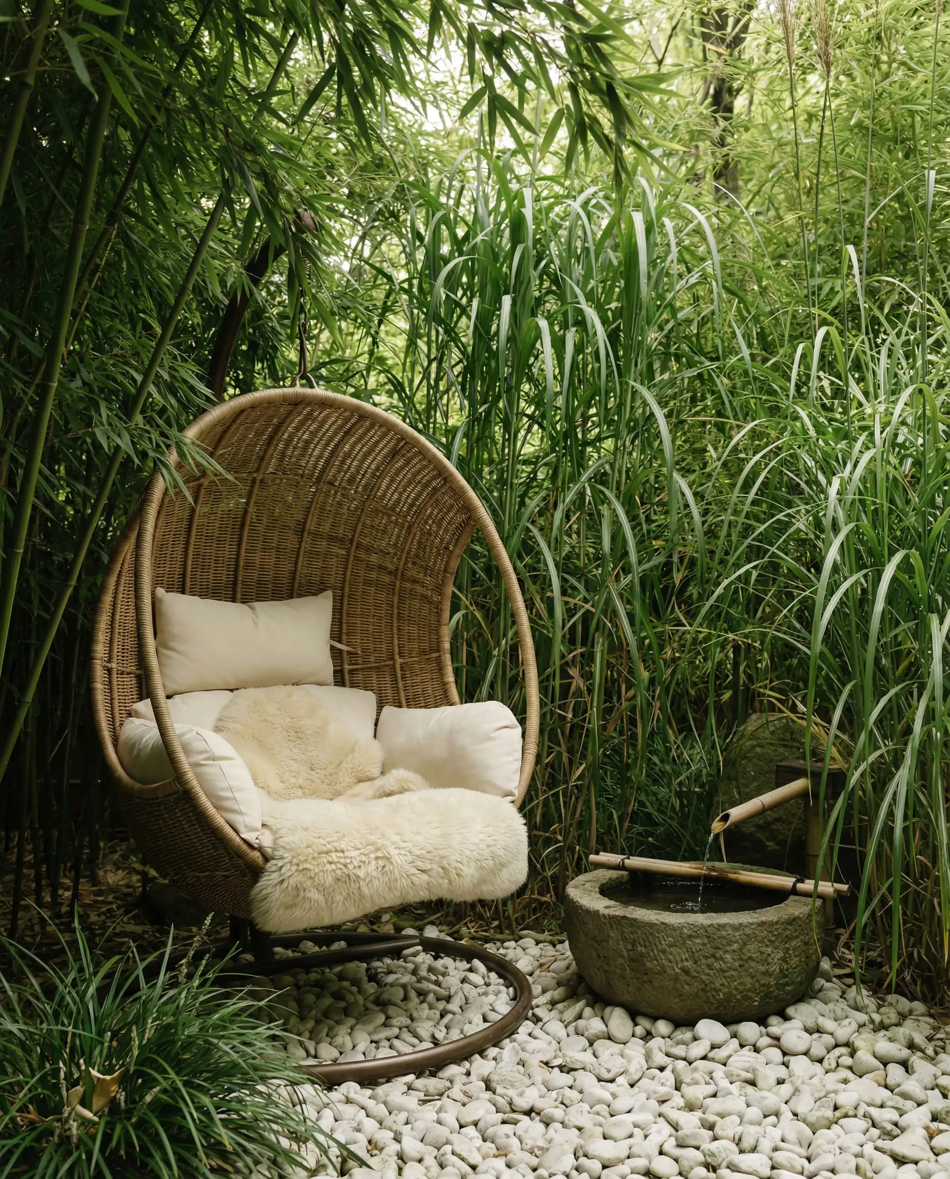 Secluded garden nook with a large comfortable chair and water feature surrounded by bamboo.