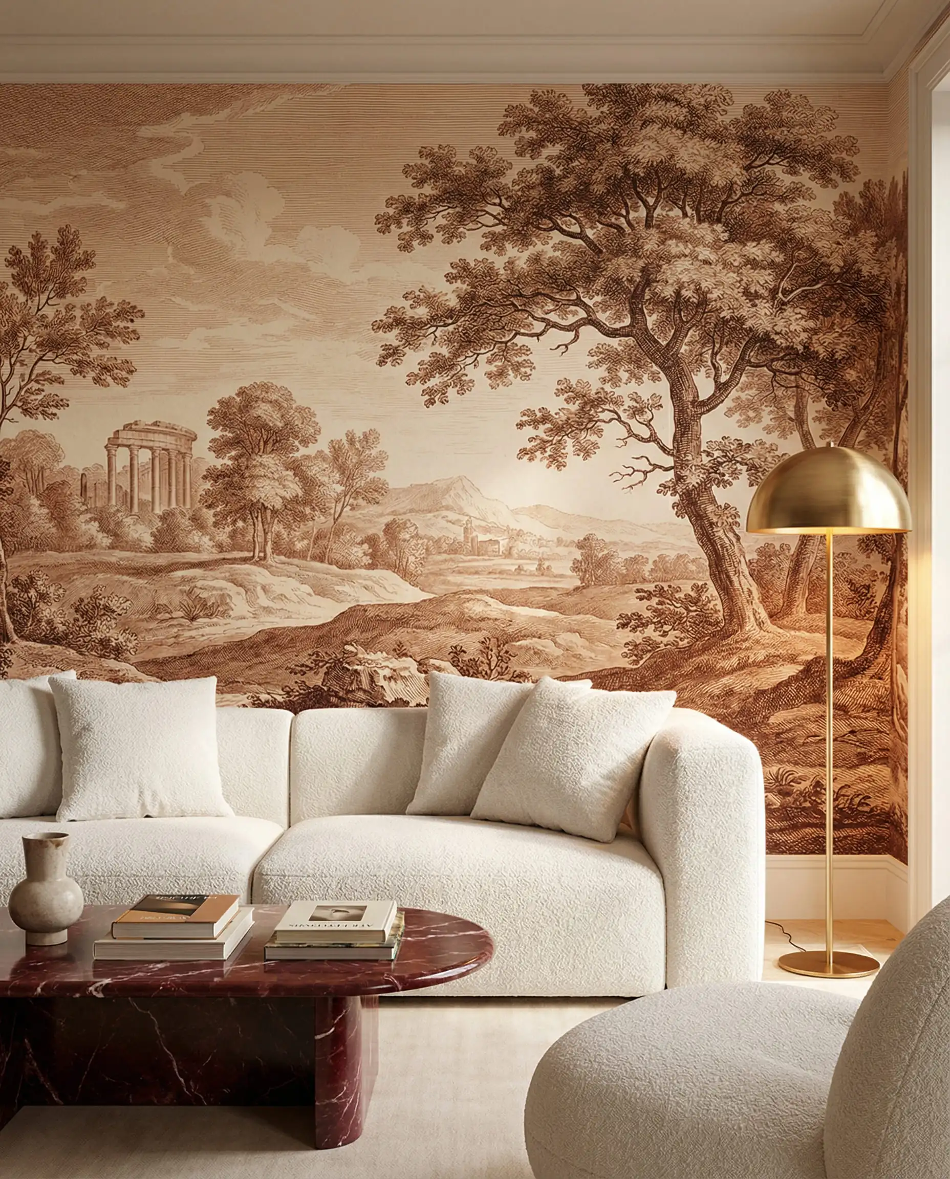 Sophisticated living room featuring a vintage-style sepia landscape etching wallpaper contrasted with modern white furniture.