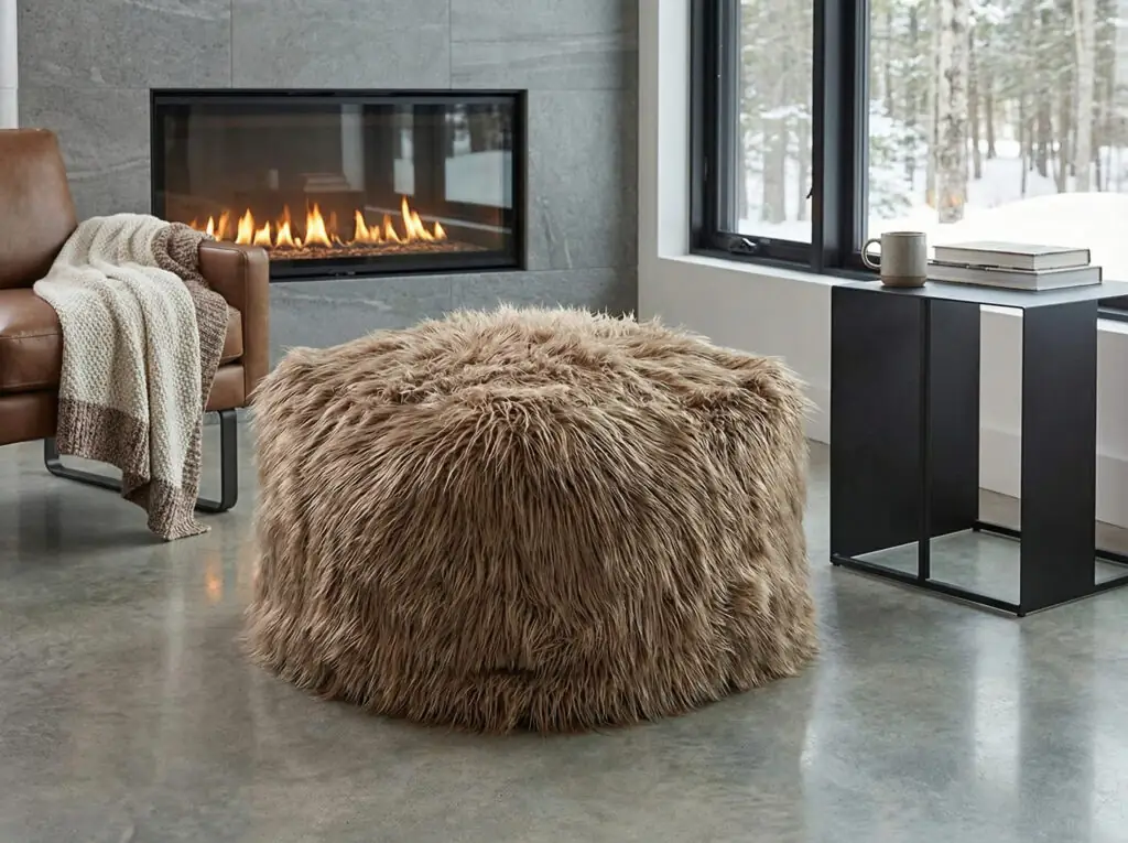 Gros pouf en fausse fourrure duveteuse de couleur marron aux multiples nuances, posé sur un sol en béton poli devant une cheminée moderne.