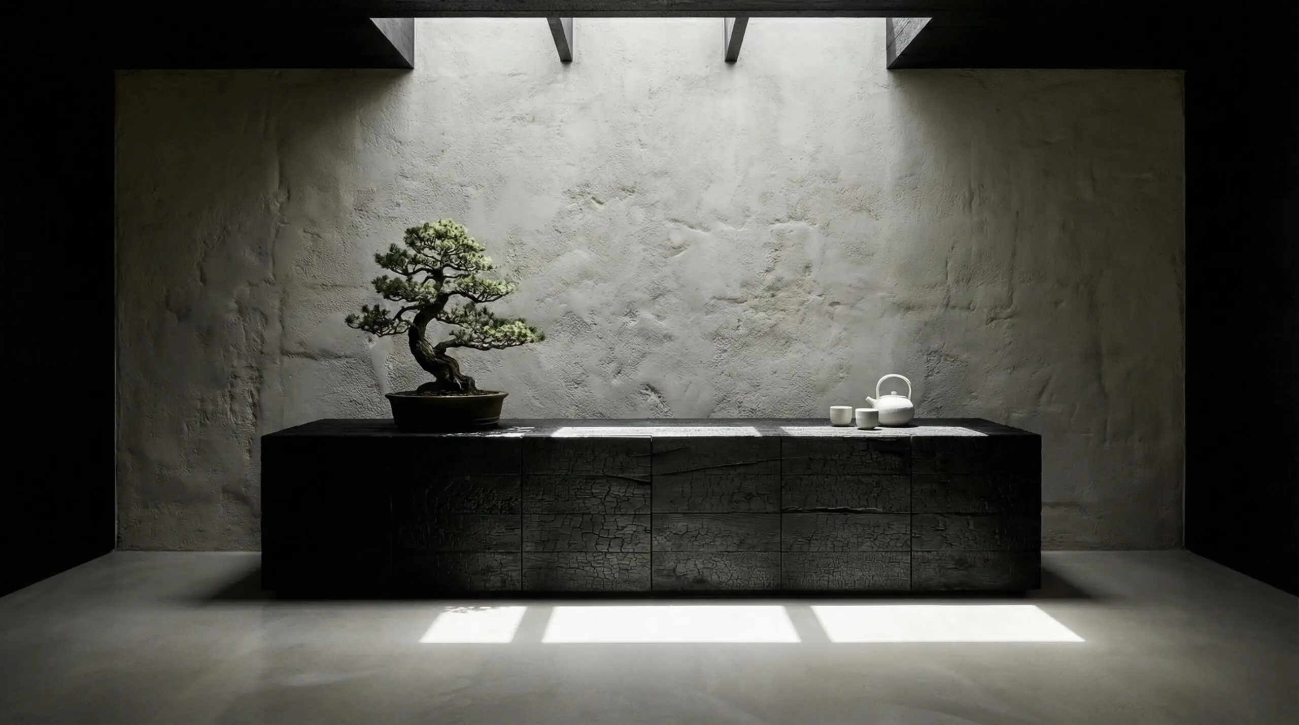 Dramatic "Dark Japandi" media unit crafted from black Shou Sugi Ban charred cedar wood against a pale limestone wall.