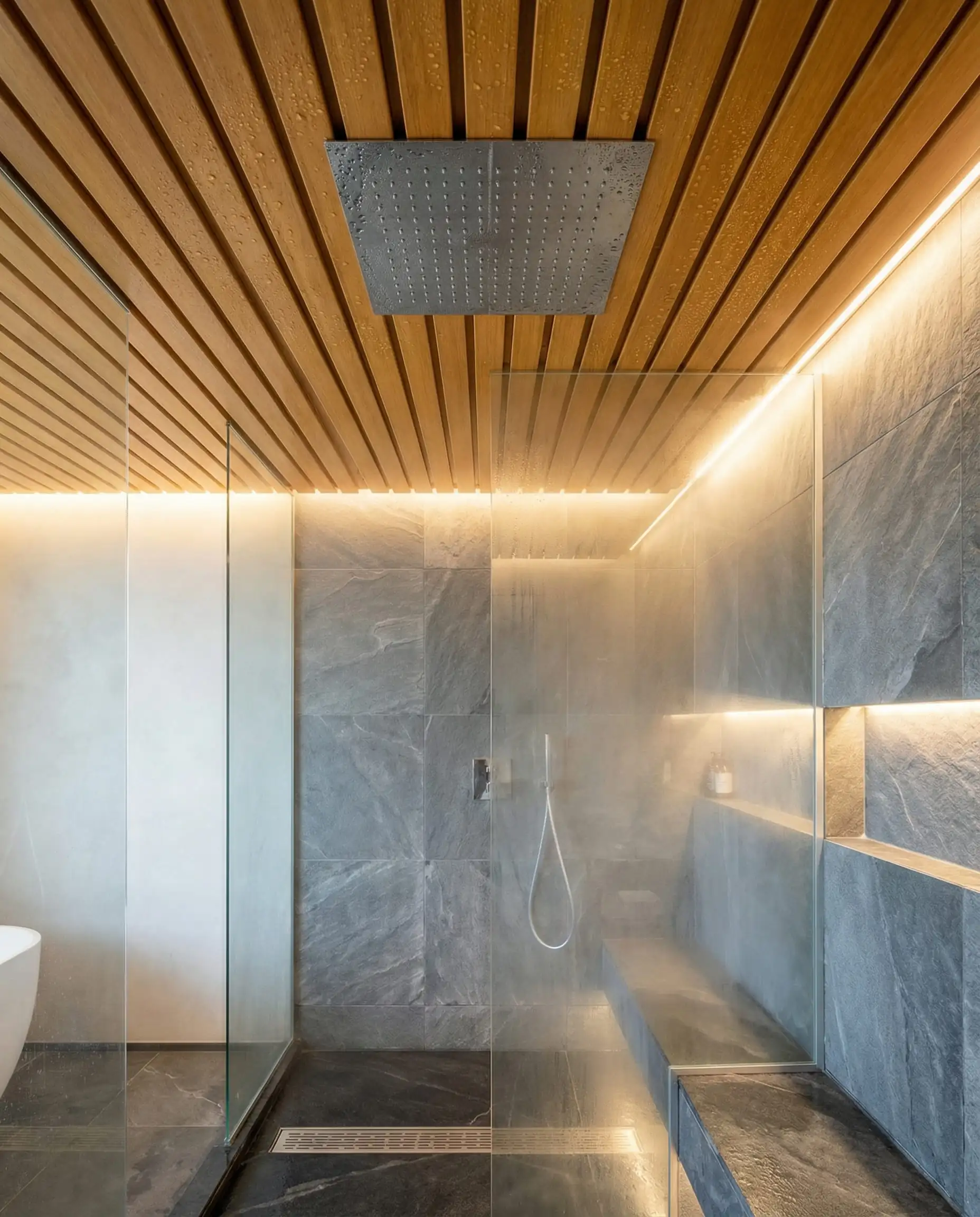 Douche à l'italienne avec un plafond en lattes d'aluminium imitation bois étanches et une pomme de douche effet pluie.