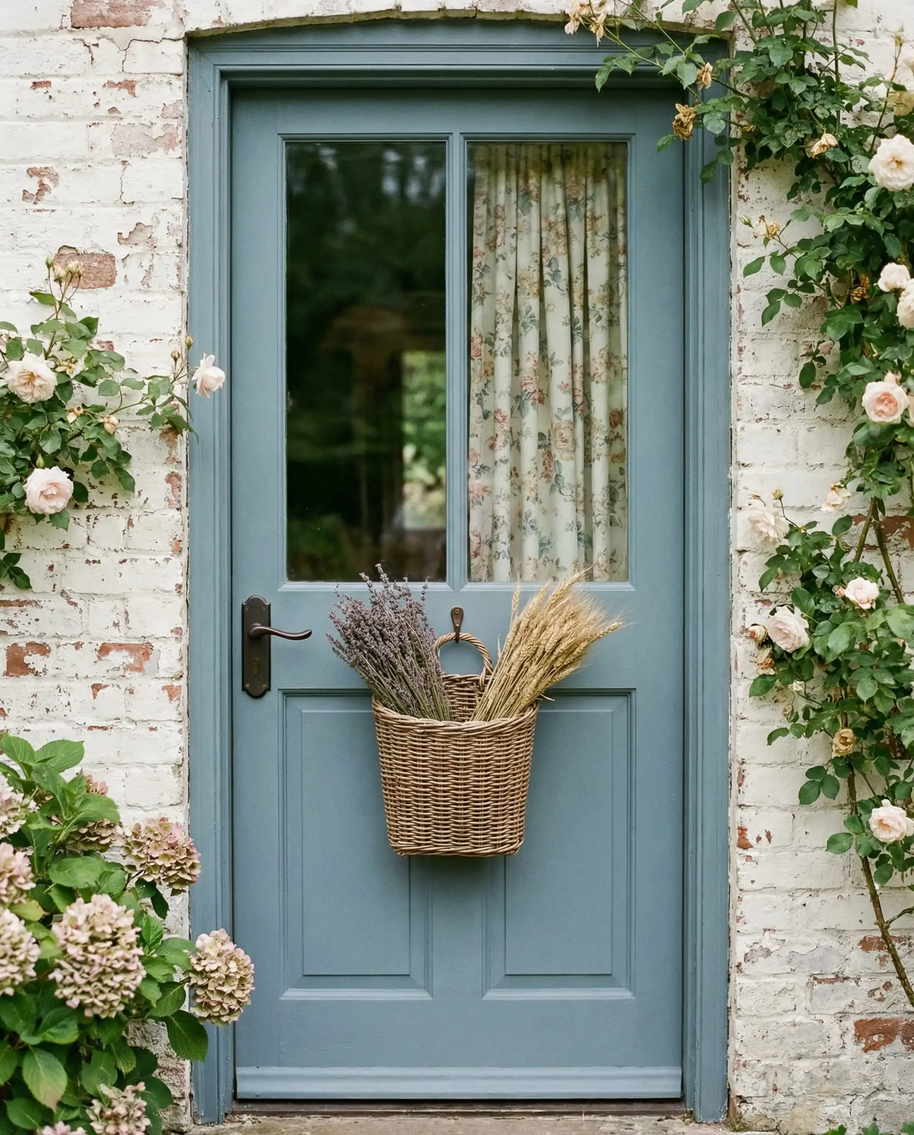 Charming cottage front door painted in dusty Slate Blue with a basket of flowers.