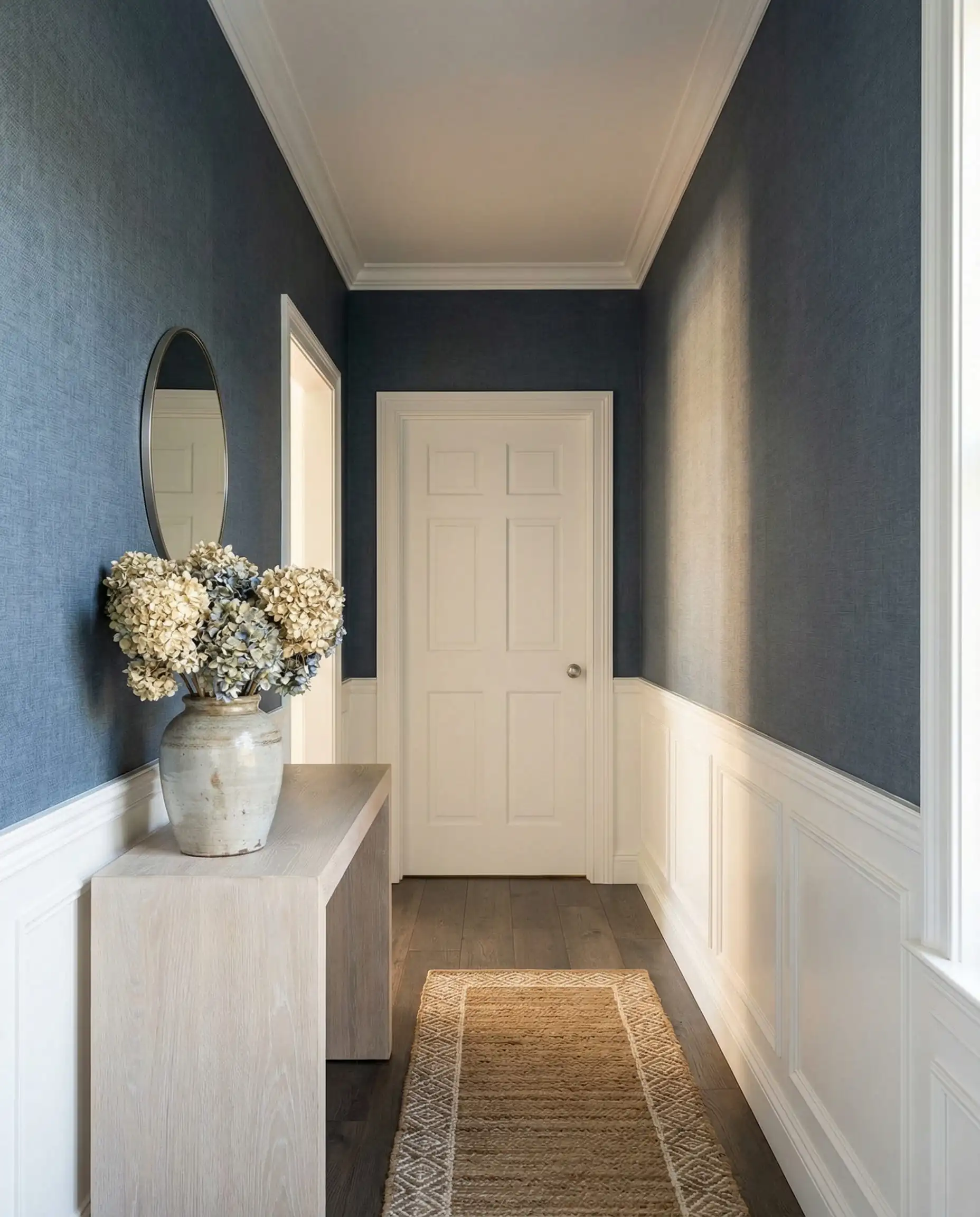 Couloir avec papier peint texturé lin bleu ardoise au-dessus de boiseries blanches.