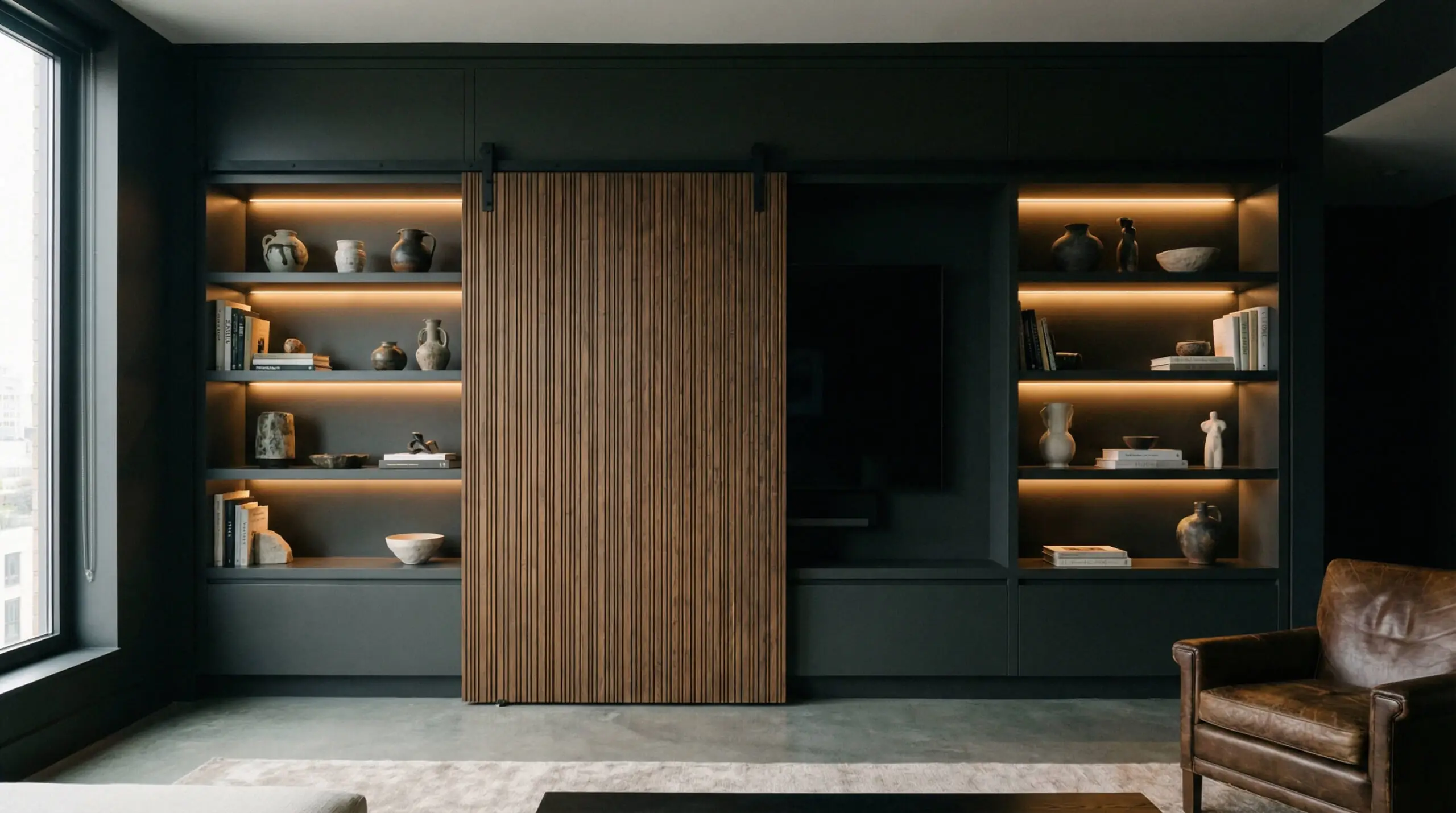 Modern charcoal grey media wall featuring a ribbed sliding barn door panel that hides the TV when not in use.