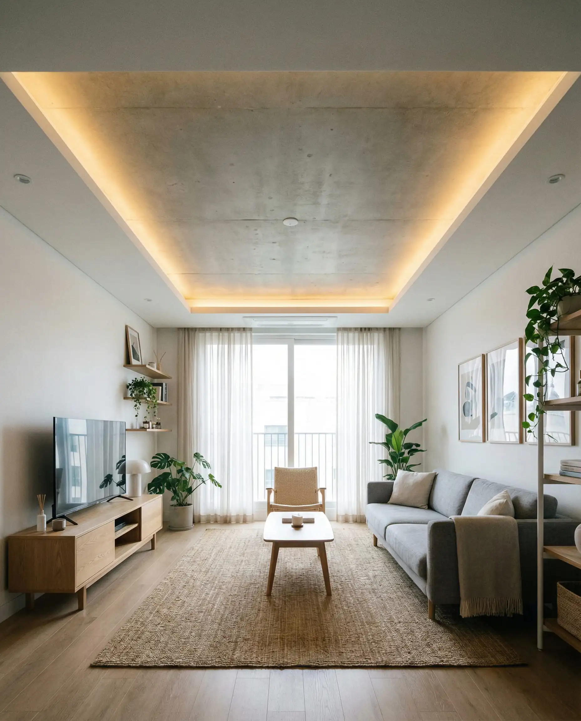 Petit salon scandinave avec une frise de faux plafond peu profonde dissimulant un éclairage indirect en corniche.