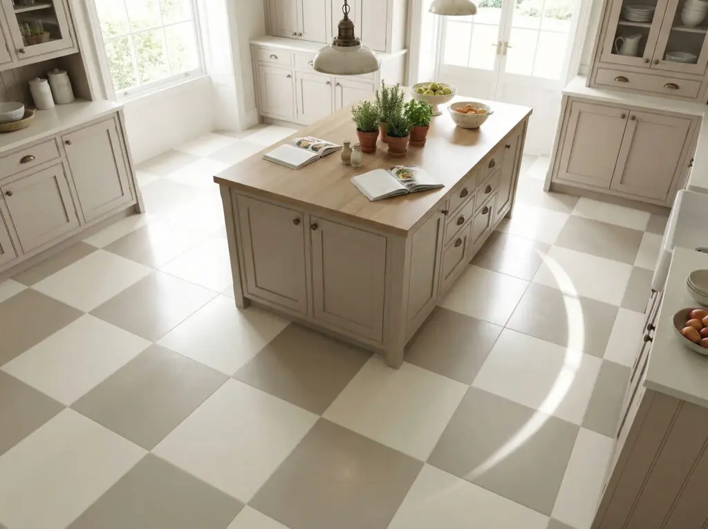 Une charmante cuisine de style transitionnel avec un sol Ă damier classique, utilisant des carreaux crĂšme doux et gris-beige chauds au lieu du noir et blanc Ă fort contraste.