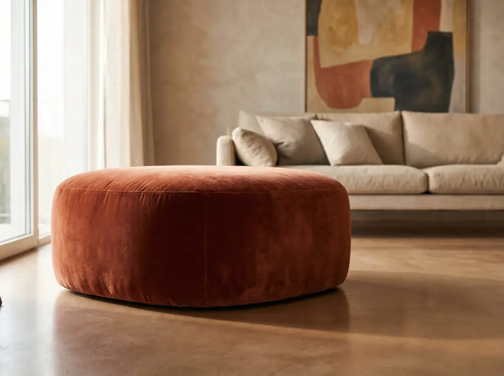 Un petit pouf carré aux angles très arrondis et aux proportions généreuses, recouvert d'un velours couleur rouille foncée, capte la lumière dans un salon contemporain au sol en béton.