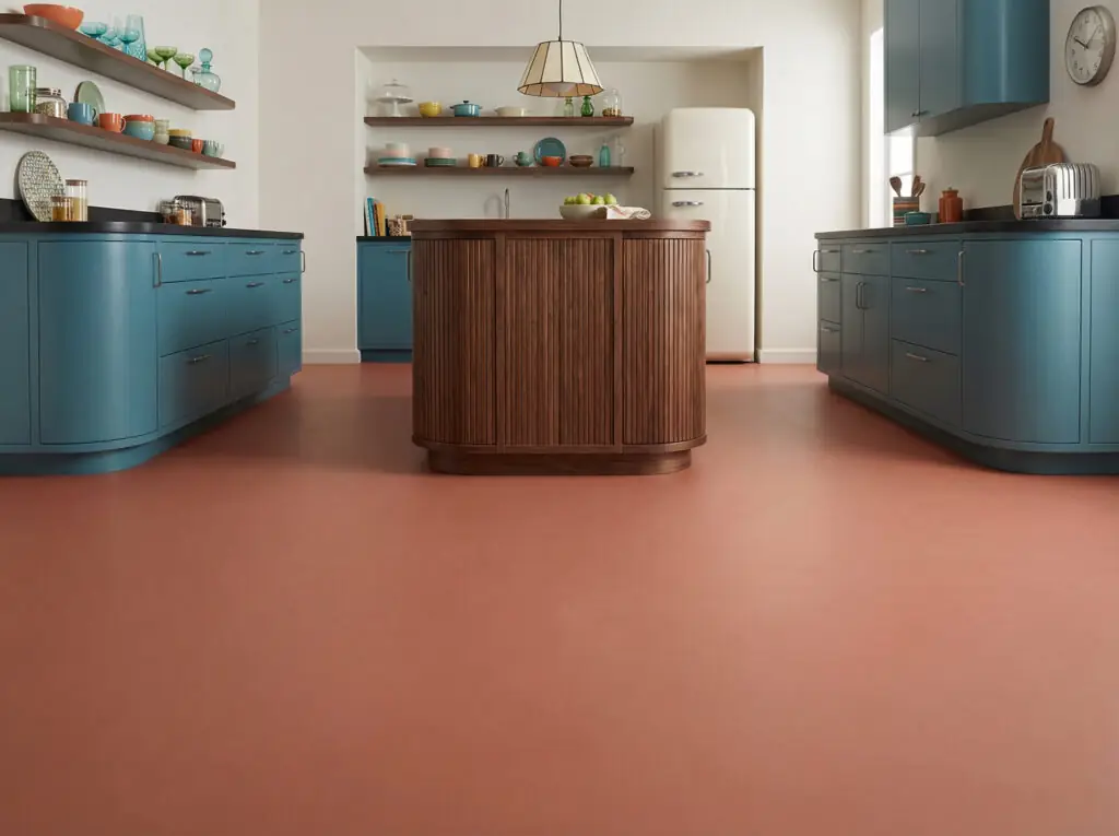 Une cuisine élégante d'inspiration rétro, avec un sol en marmoleum uni couleur terre cuite, des armoires en noyer aux formes arrondies et un ßlot central cannelé.