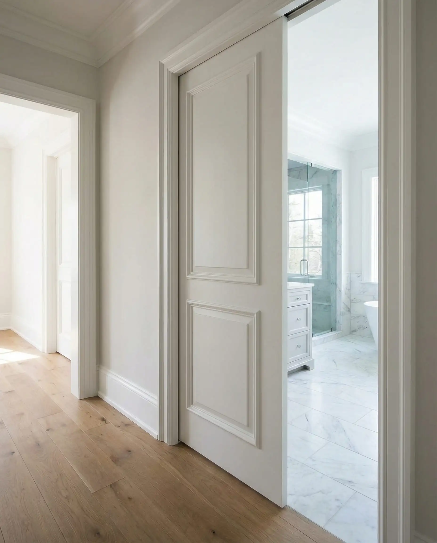 Hallway view of a high quality white pocket door sliding into the wall.