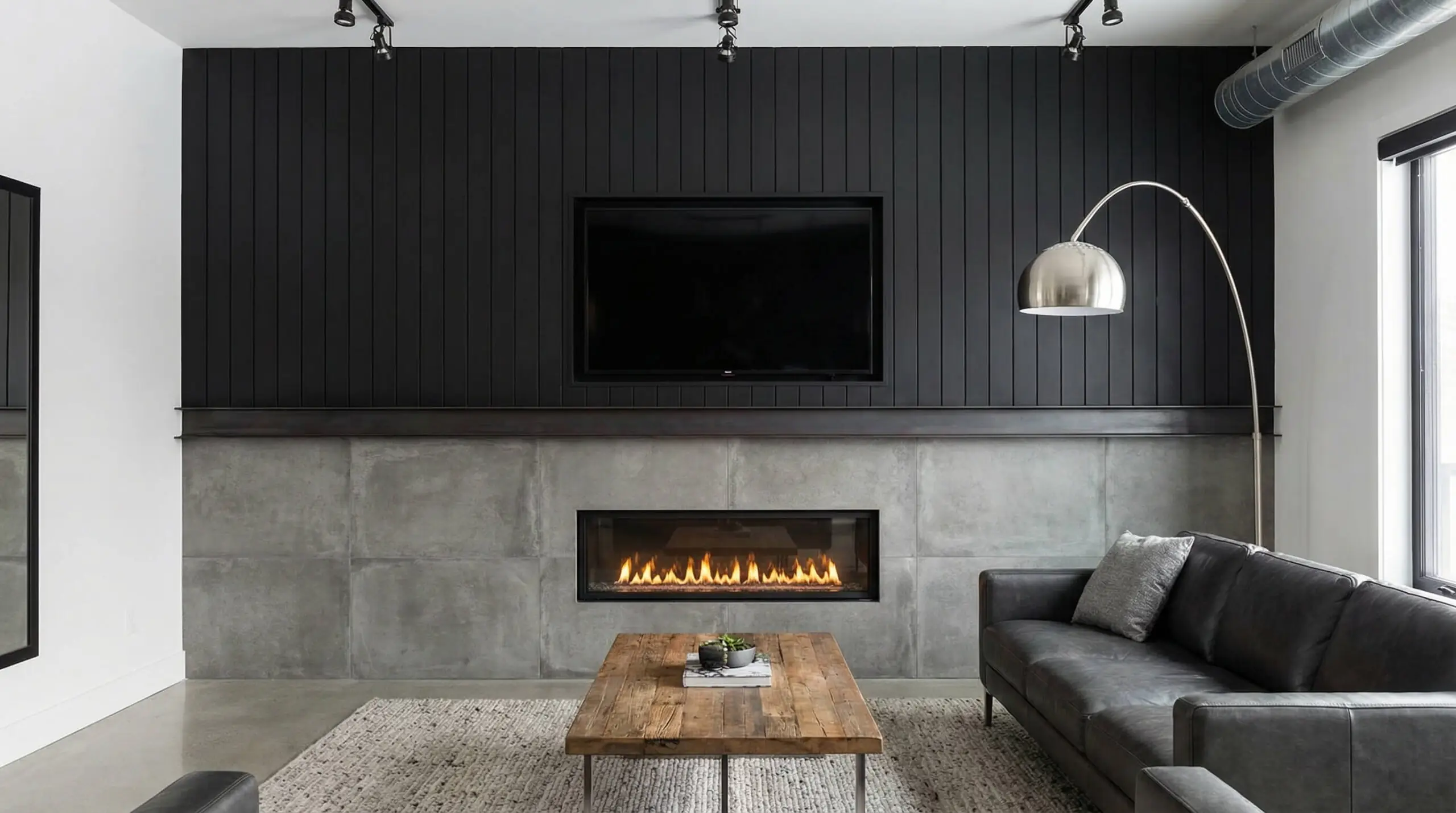 Modern media wall featuring matte black shiplap behind the TV and industrial concrete tiles surrounding the fireplace.