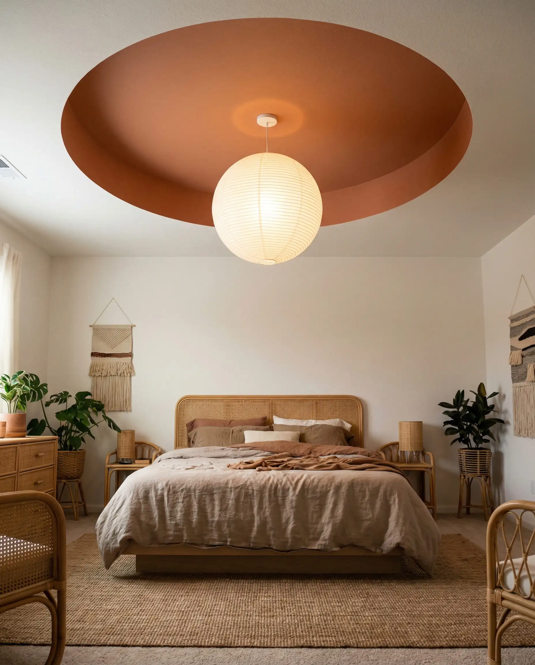 Chambre parentale carrée dotée d'un plafond à caissons circulaire profond, peint en terre cuite, avec une lanterne en papier.