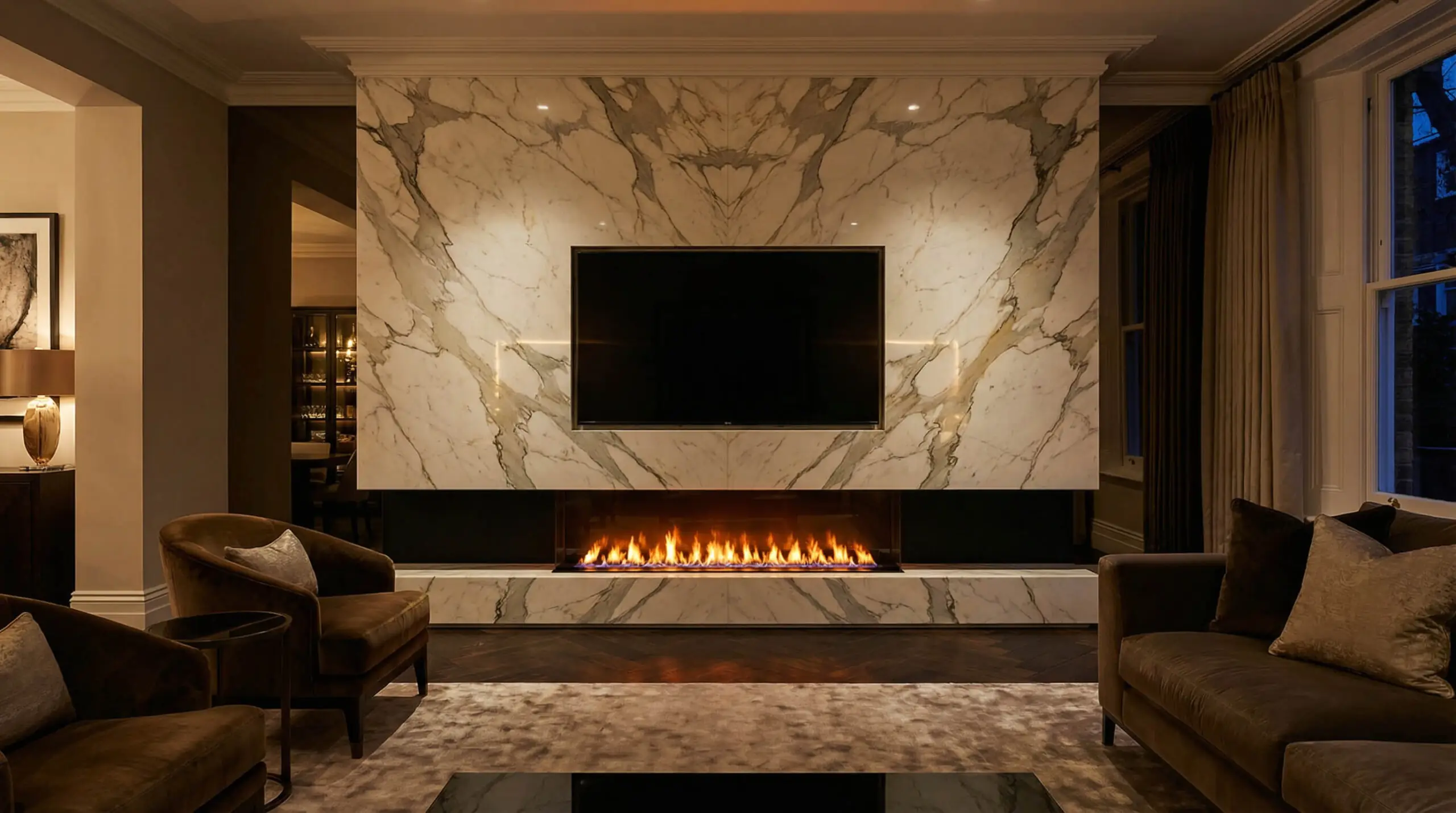 Floor-to-ceiling Statuario marble fireplace wall with a flush-mounted TV and linear electric fireplace.