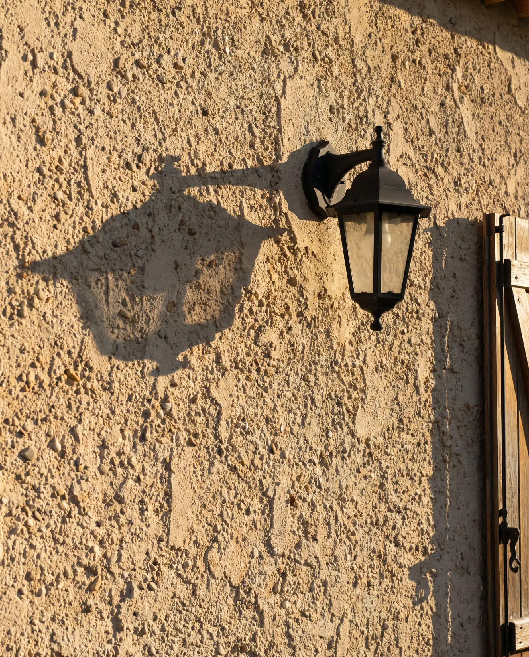 Detail of rough-cast stucco wall painted in sandy beige, showing texture in raking sunlight.