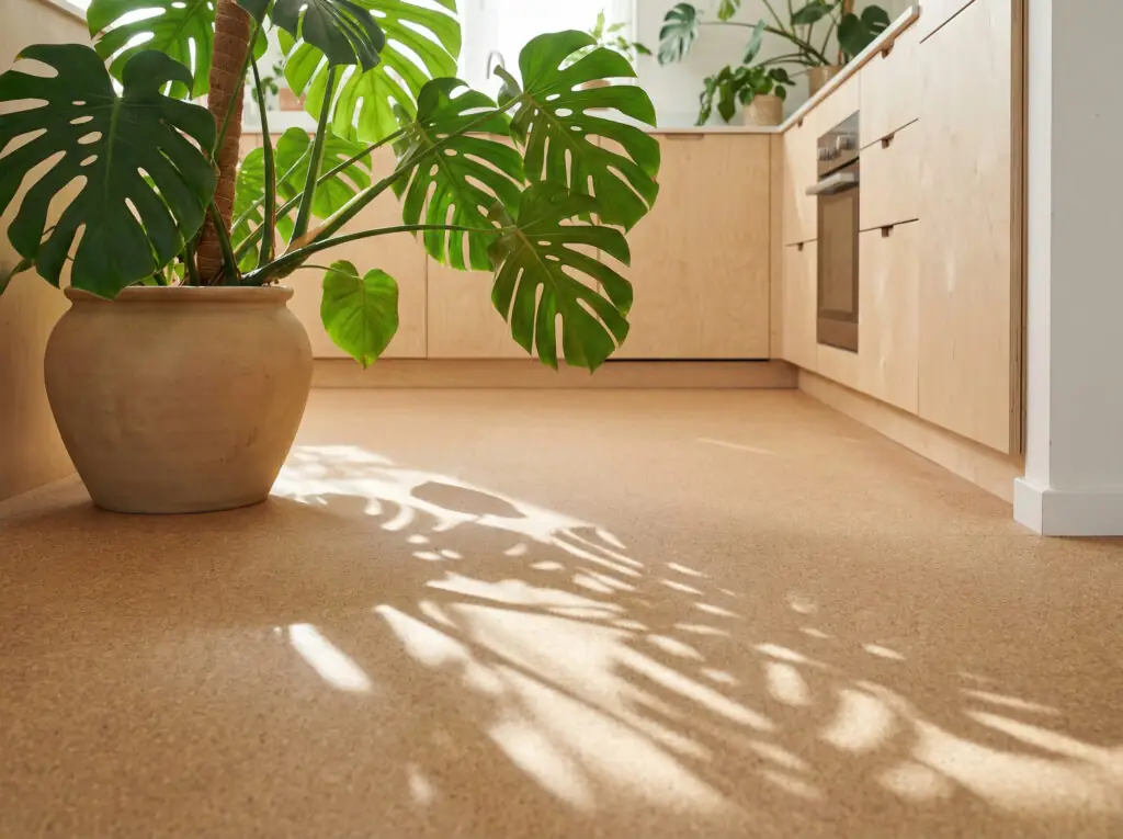 Une cuisine moderne et éco-responsable, agrémentée de grandes plantes d'intérieur, avec un sol en liÚge chaleureux et uniforme dans une teinte amande grillée, mettant en valeur les tendances en matiÚre de matériaux durables.