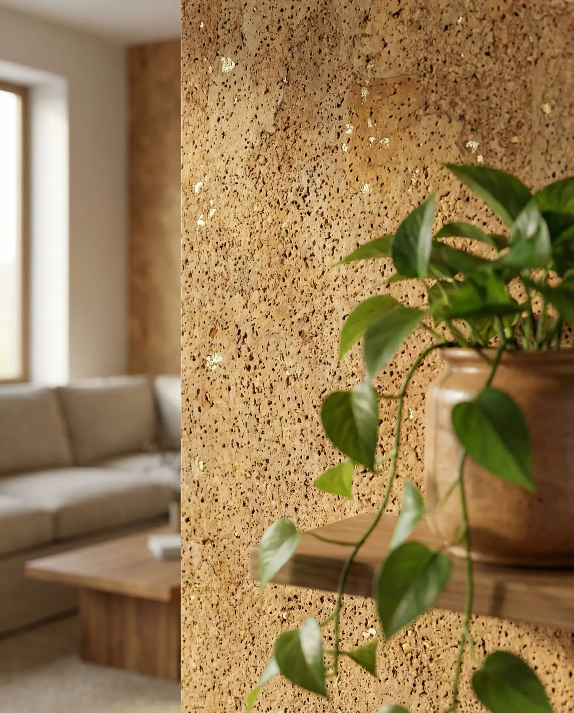 Close-up of eco-friendly cork wallpaper showing natural grain and gold flecks with a green plant in foreground.