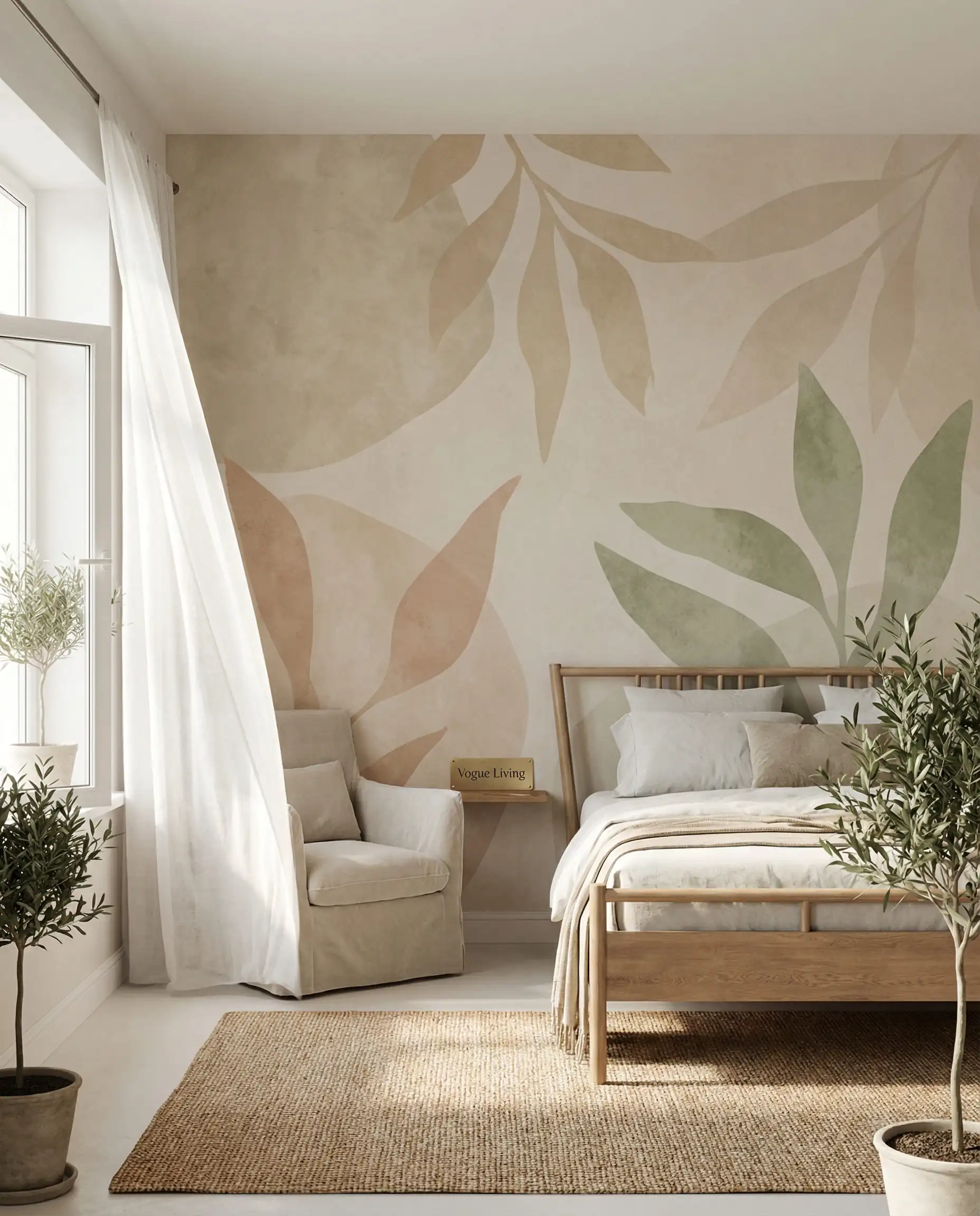 A bright, airy bedroom accent wall covered in a high-quality, non-woven, PVC-free wallpaper printed with water-based inks. This bedroom features Warm beige, muted clay, and pale moss green tones and a natural, healthy, light and organic atmosphere.