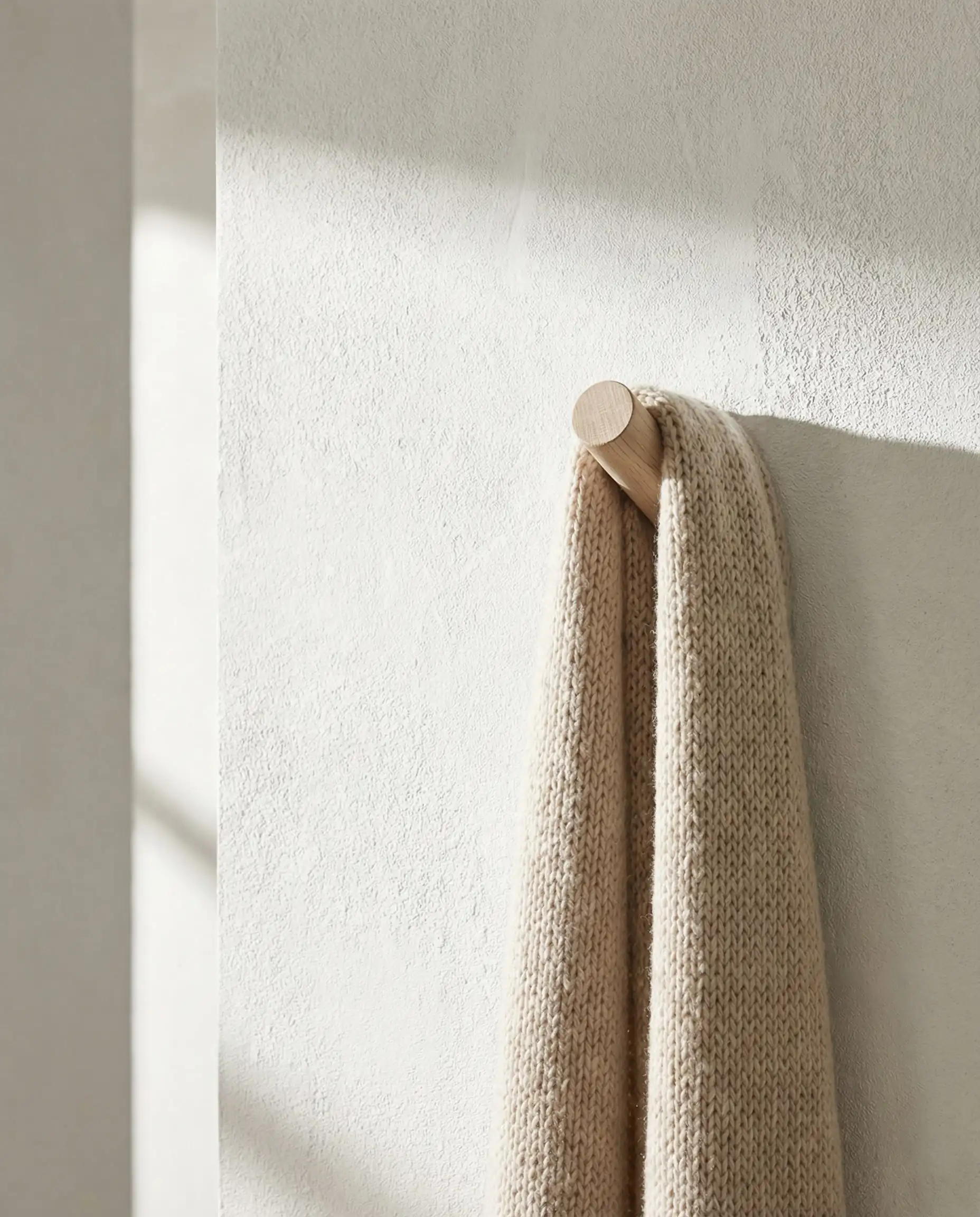 A minimalist hallway wall covered in a PVC-free, matte wallpaper designed to mimic a rough plaster or limewash finish. This hallway features Chalky white, off-white, and natural sheep's wool beige tones and a clean, eco-conscious, architectural atmosphere.