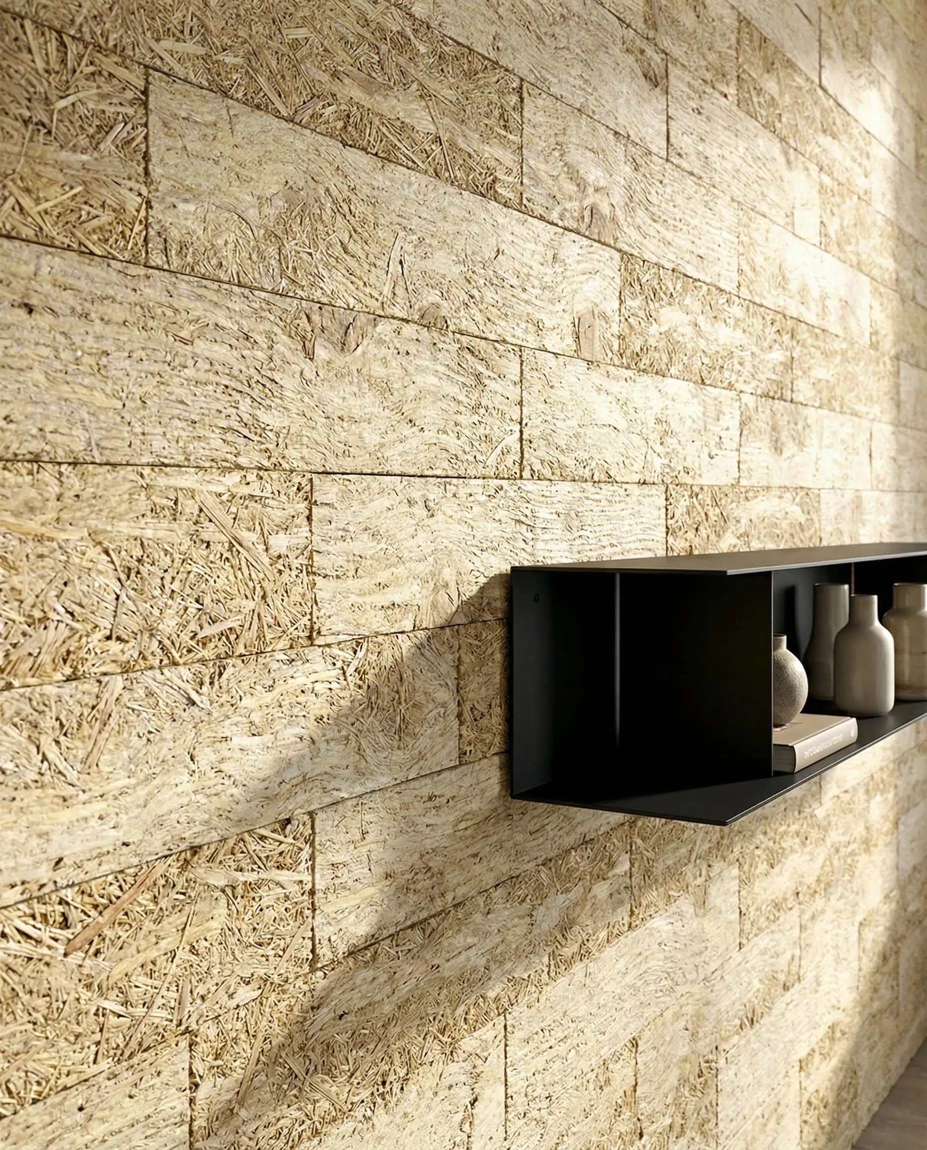 A detail shot of an accent wall covered in high-end tiles made from reclaimed agricultural waste (e. This interior features Light straw yellow, pale brown, and matte black tones and a raw, sustainable, tactile atmosphere.