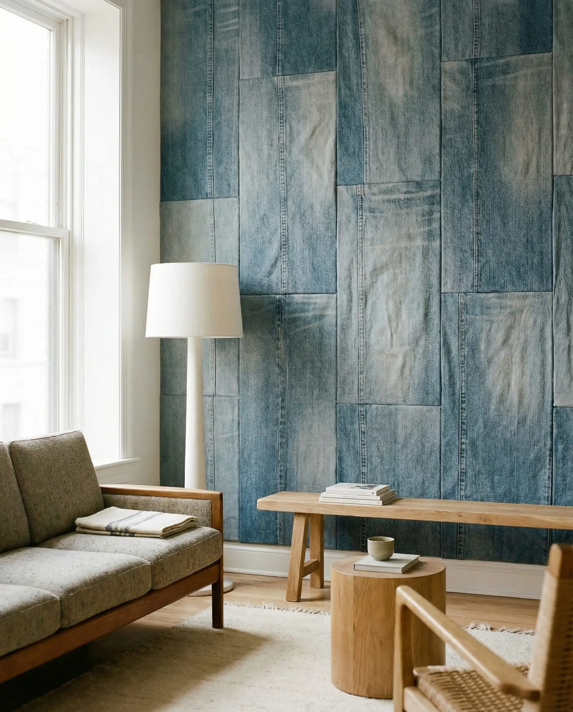 A casual living room featuring a statement wall covered in acoustic panels made from recycled denim fiber. This living room features Faded indigo blue, soft denim grey, and crisp white tones and a casual, organic, comfortable atmosphere.