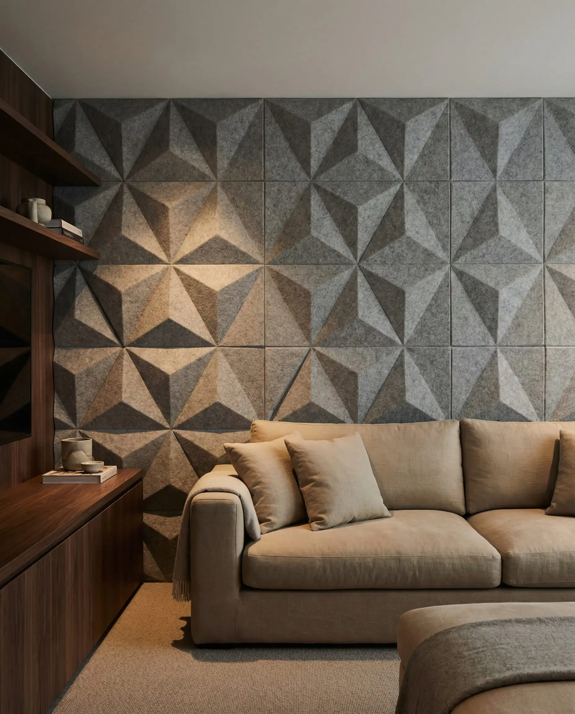 A sophisticated media room featuring an entire wall covered in geometric acoustic panels made from recycled PET felt (plastic bottles). This interior features Muted mid-grey felt, dark walnut wood, and warm beige tones and a functional, sustainable, quiet luxury atmosphere.