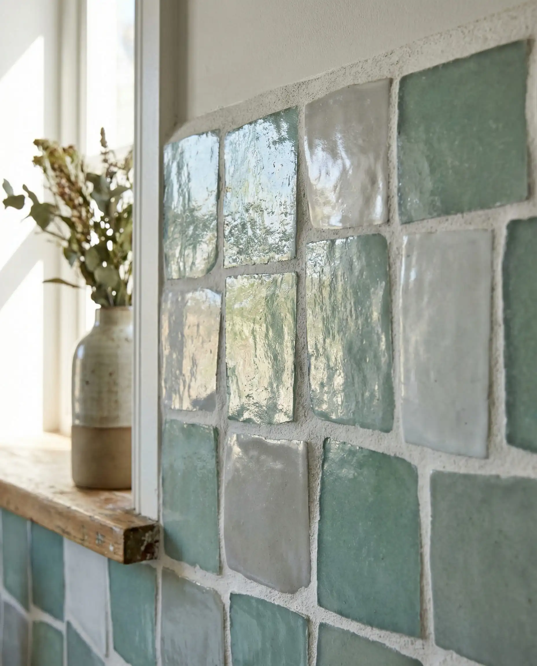 A wall section tiled with small, irregularly shaped tiles made from recycled glass or porcelain. This interior features Muted sea-foam green, pale grey, and crisp white grout tones and a artisanal, eco-luxury, reflective atmosphere.