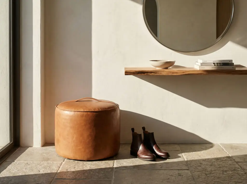 Pouf de rangement cylindrique en cuir fauve avec une poignée sur le couvercle, placé sur un sol en pierre dans une entrée minimaliste à côté de bottes en cuir.