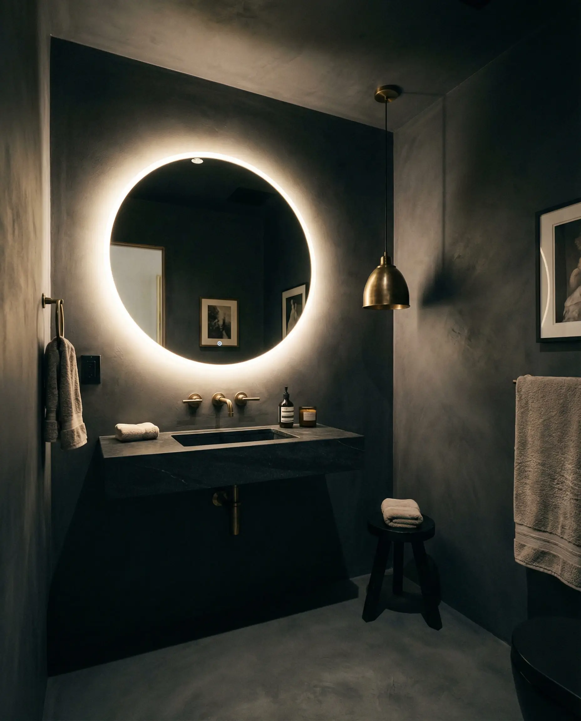 Une salle d'eau d'ambiance sophistiquée où tous les murs sont finis en microciment gris anthracite profond sans joint (le look sombre et imprégné).
