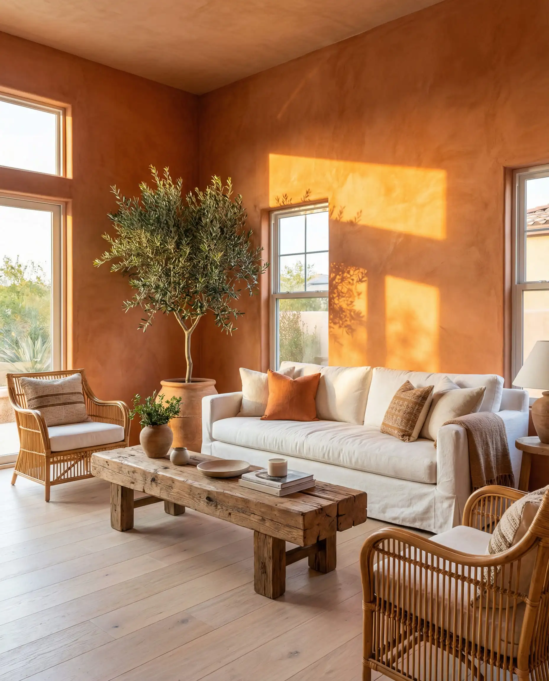 Sun-drenched living room with warm terracotta clay colored wallpaper and Mediterranean styling.