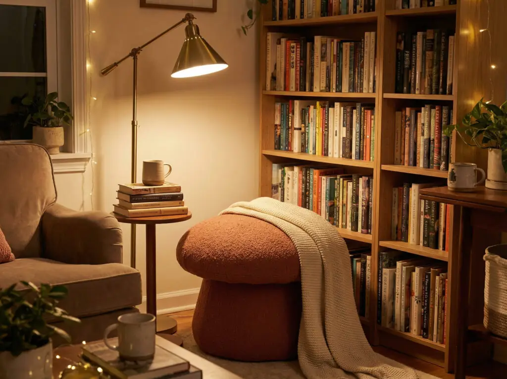 Un coin lecture confortable avec un pouf texturé en forme de champignon couleur terre cuite, entouré de bibliothèques allant du sol au plafond et d'un éclairage d'ambiance chaleureux.