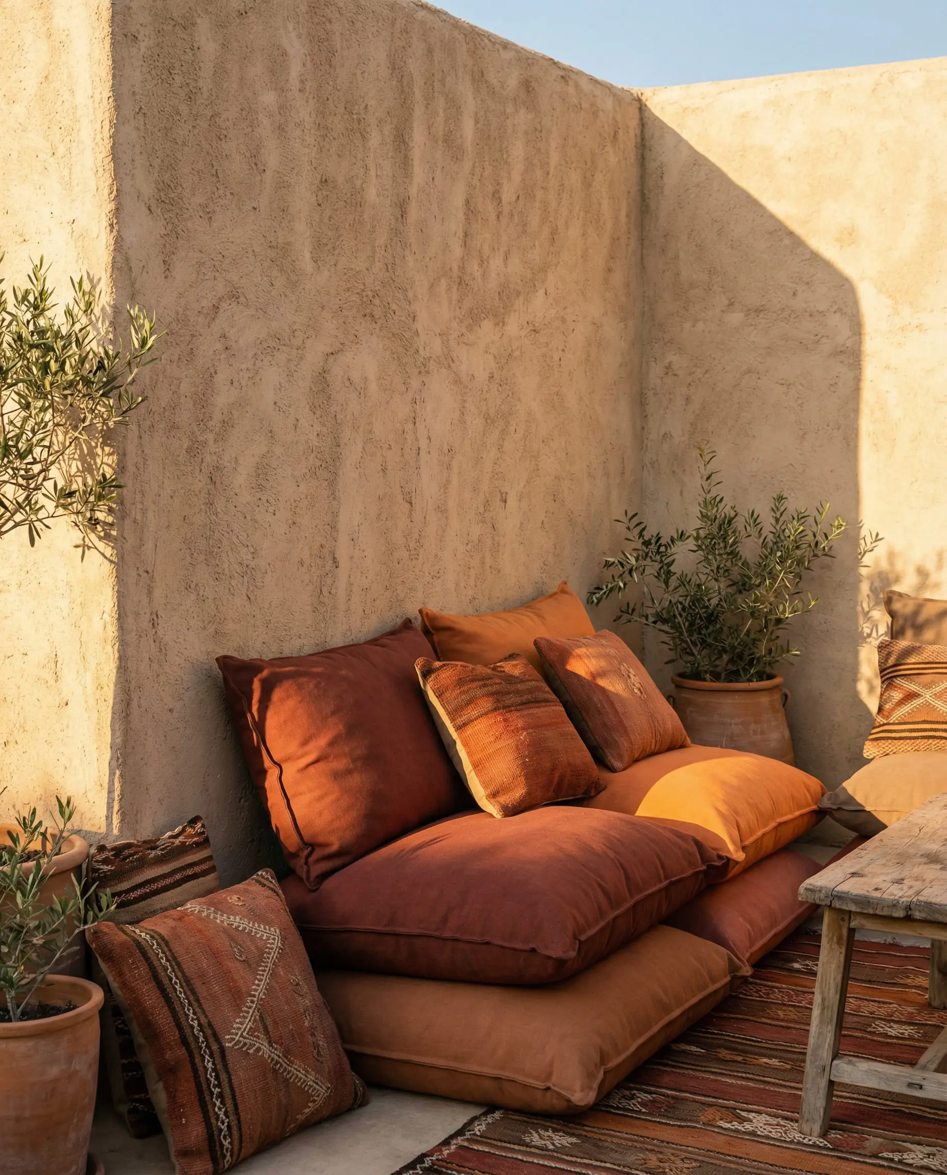 Stack of rust and terracotta colored outdoor floor cushions against a beige wall.