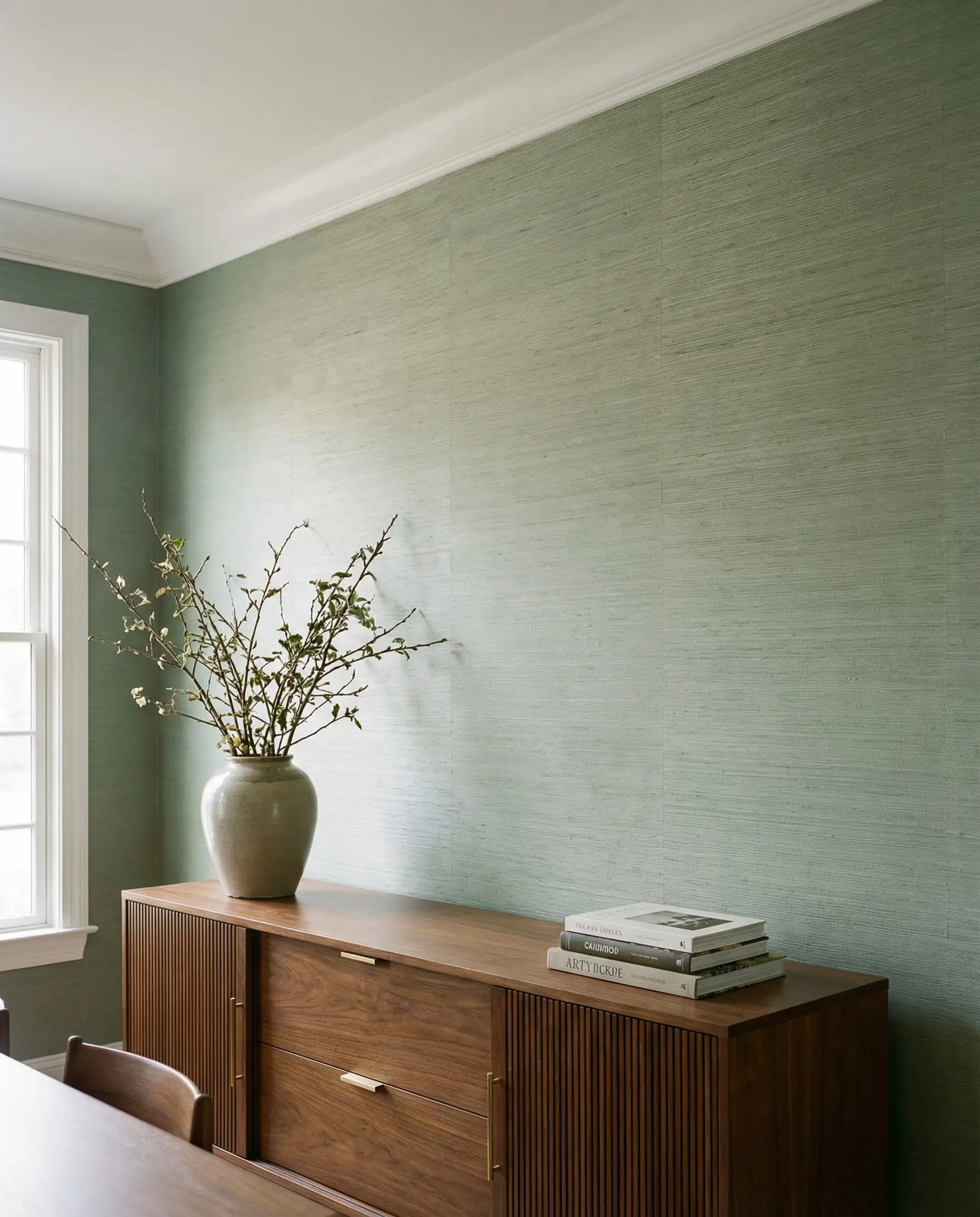 A serene dining room wall featuring a fine grasscloth wallpaper in a muted sage green. This dining room features Soft sage green, rich walnut brown, and white from the ceiling tones and a classic, elegant, subtle texture atmosphere.