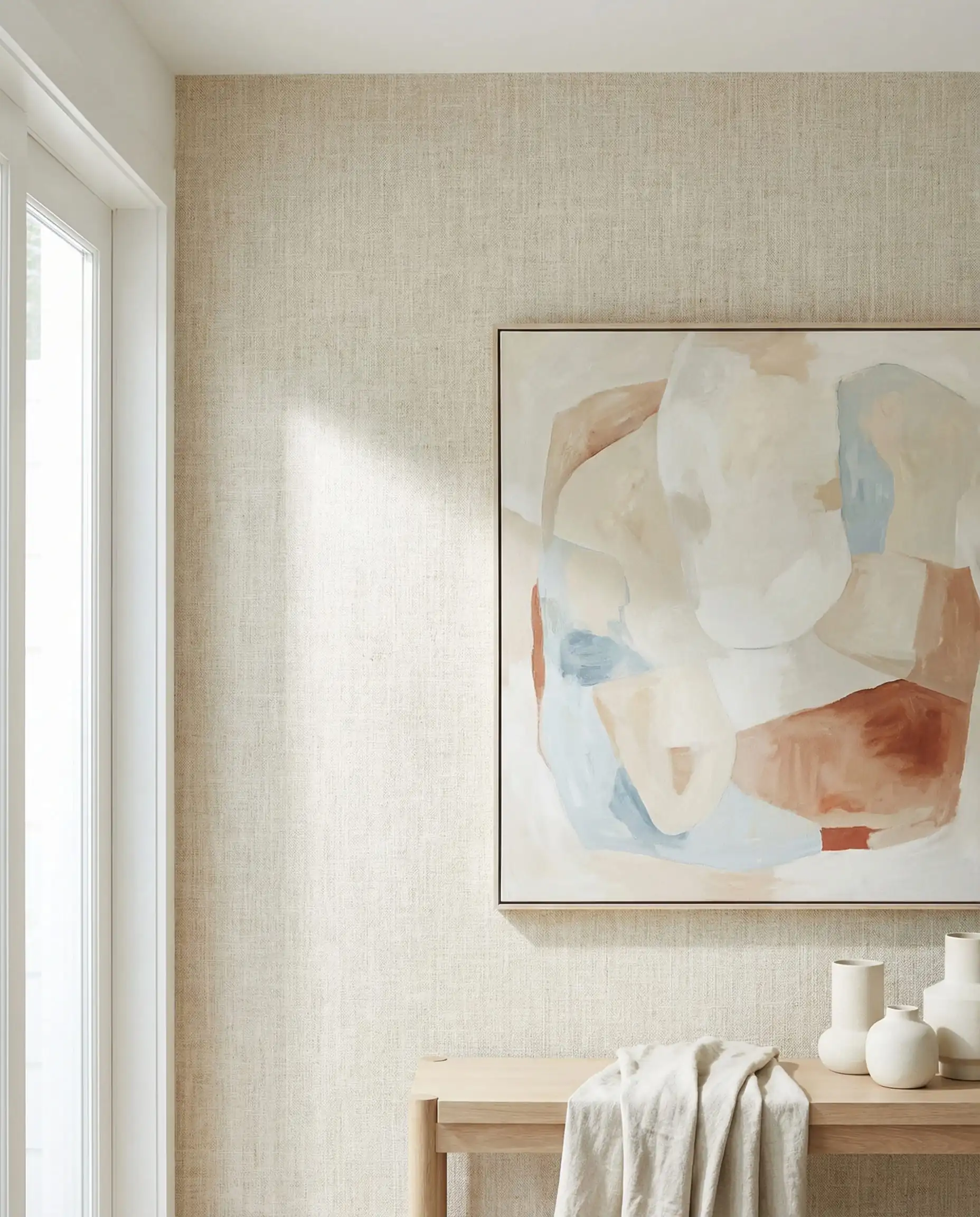 A bright, casual living room wall wrapped in a subtly woven linen textile wallpaper in a breezy, pale beige/oatmeal color. This living room features Pale oatmeal, light wood, and off-white tones and a coastal, casual elegance, breezy atmosphere.