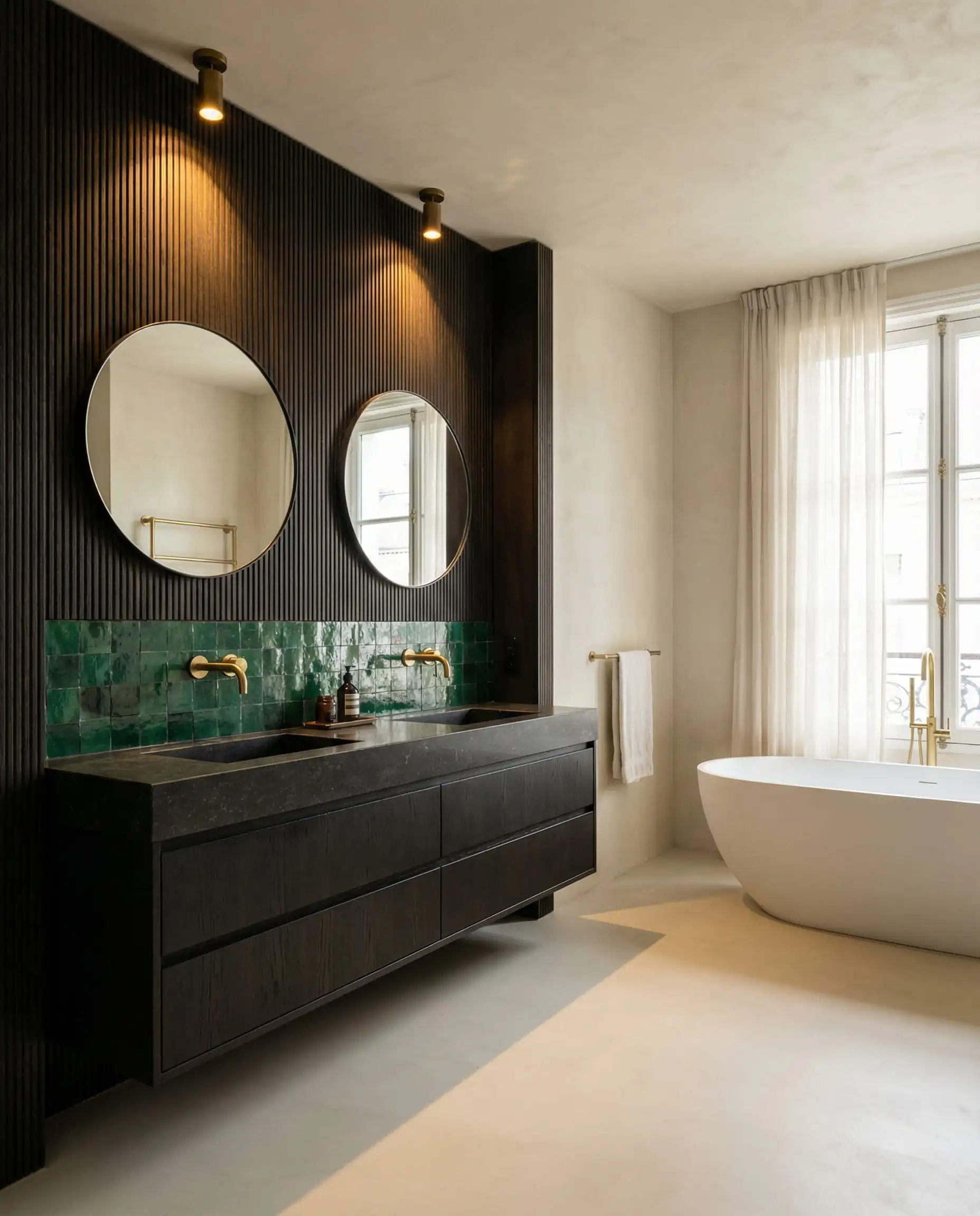 Un intérieur de salle de bain luxueux et bien équilibré présentant la règle du '60-30-10'.