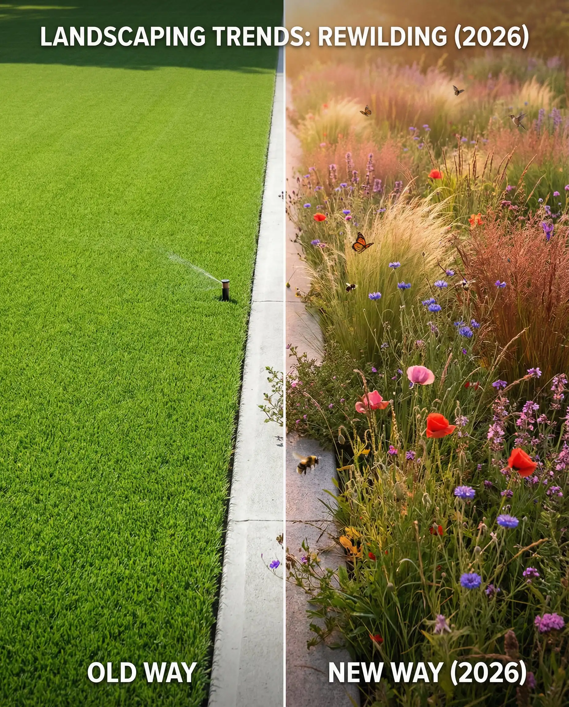 Split screen comparison showing a sterile traditional lawn versus a rewilded native meadow.
