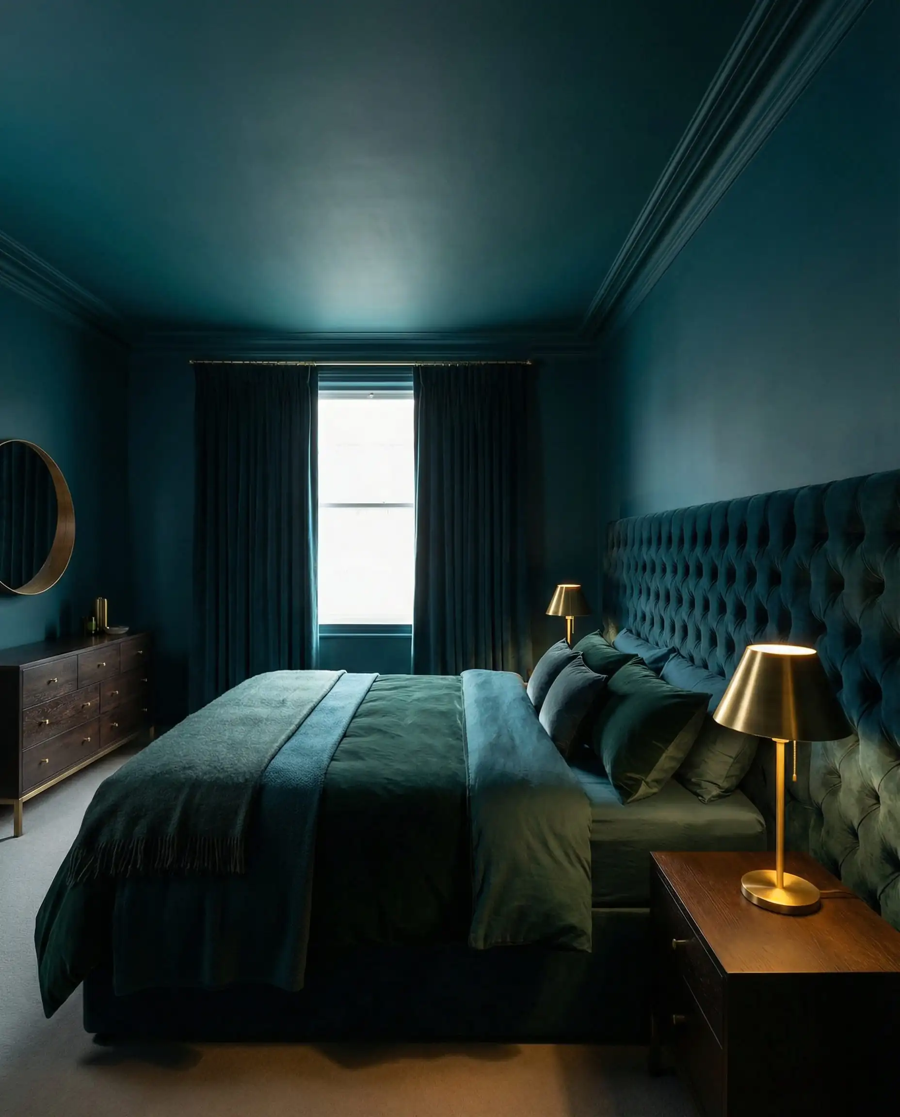 A luxurious bedroom 'Color Drenched' in a deep, matte 'Transformative Teal' (balancing blue and green). This bedroom features Deep matte teal, dark forest green, and brushed gold/brass tones and a sanctuary, tranquil, introspective atmosphere.