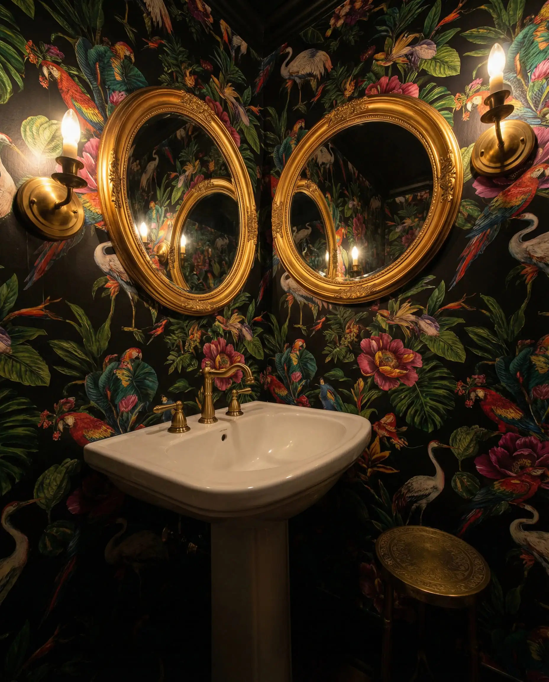 Grand angle d'une petite salle d'eau avec papier peint floral tropical et d'oiseaux sur fond noir.
