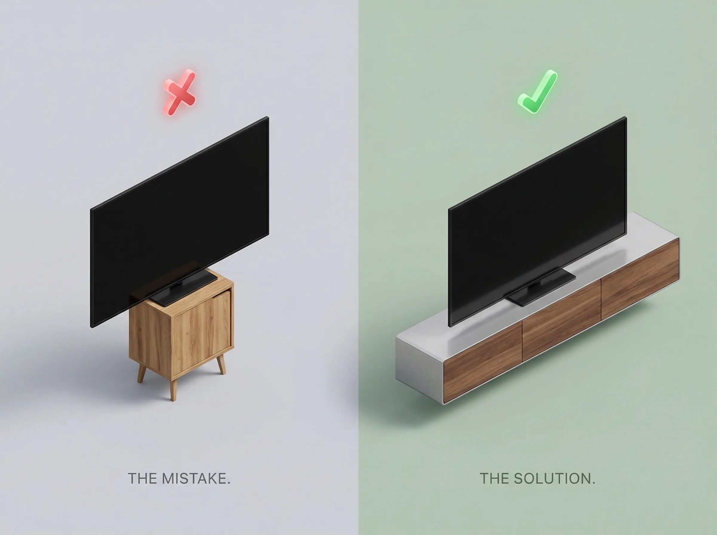 3D diagram comparing a TV stand that is too narrow (Red X) versus one that is wider than the TV (Green Check) for proper balance.