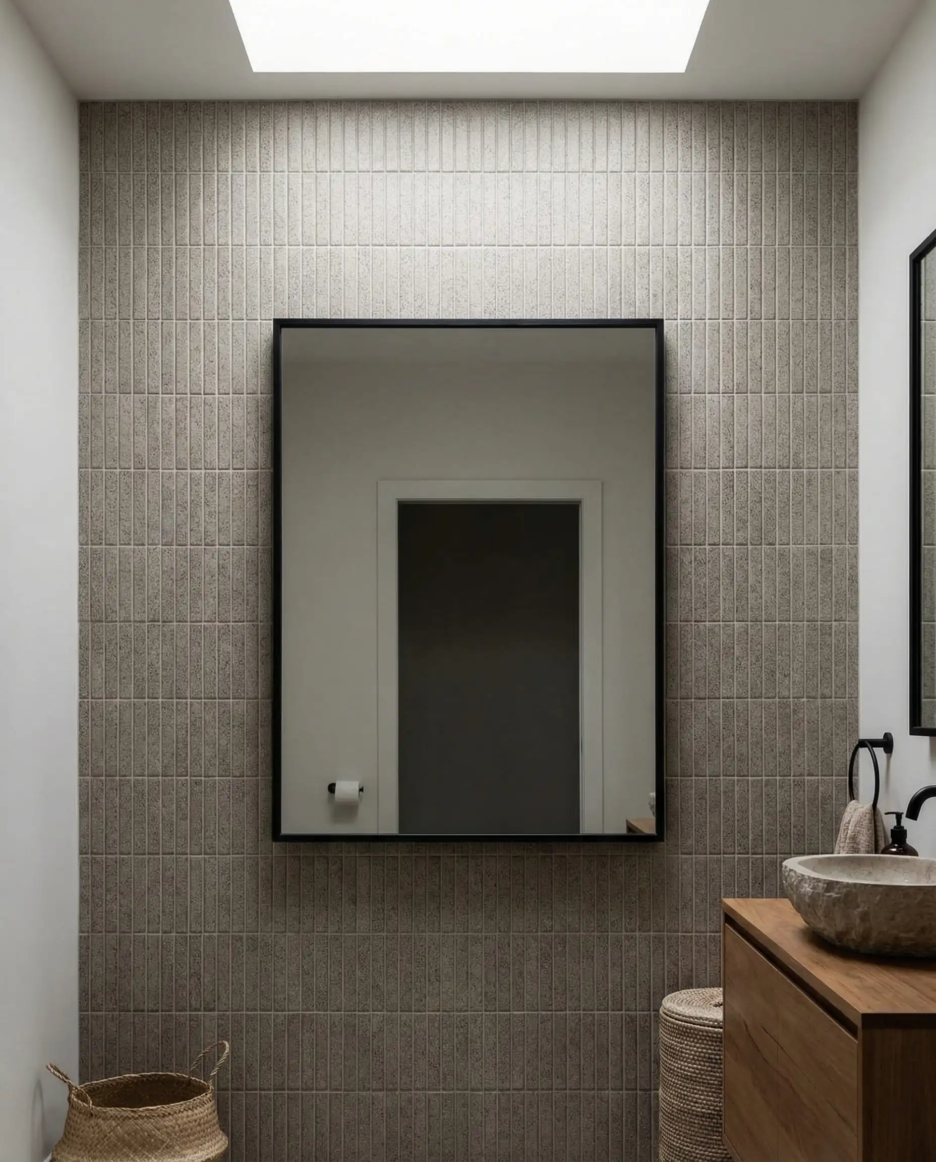 Un mur de salle de bain entièrement carrelé avec de longs carreaux minces empilés verticalement, en céramique mouchetée gris chaud.