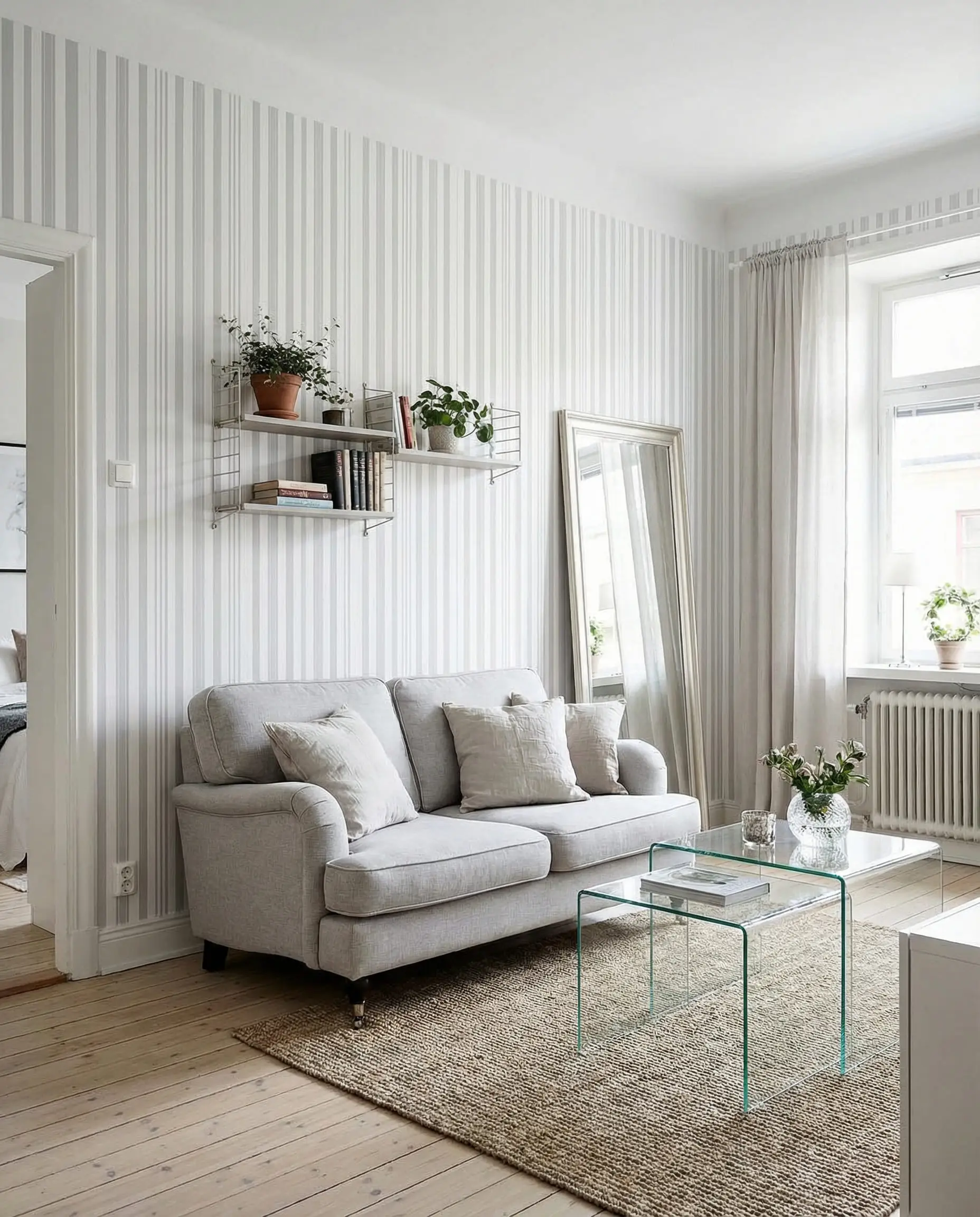 Small narrow living room appearing taller due to white and grey vertical stripe wallpaper.