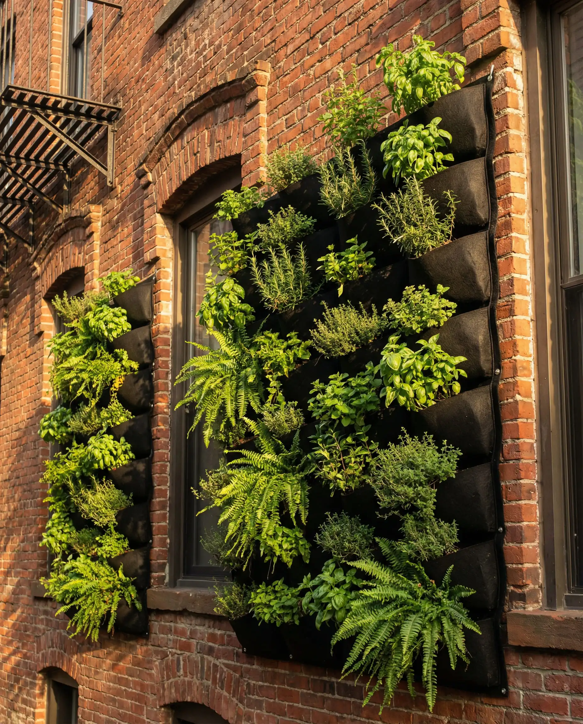 Vertical wall planter system filled with herbs and ferns on a brick wall.