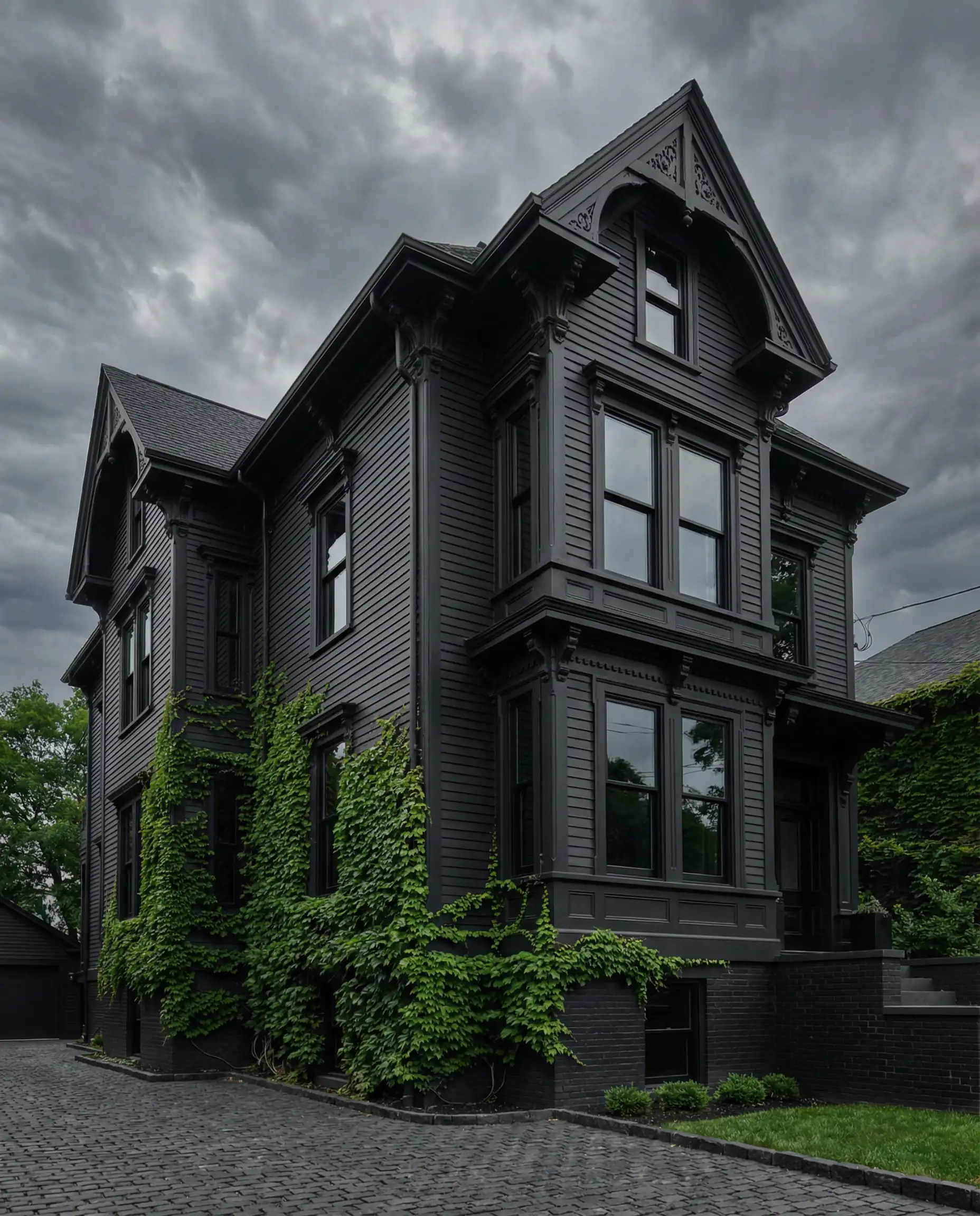 A dramatic three-story Victorian home painted entirely in soft black Iron Ore, including the trim, with climbing ivy.