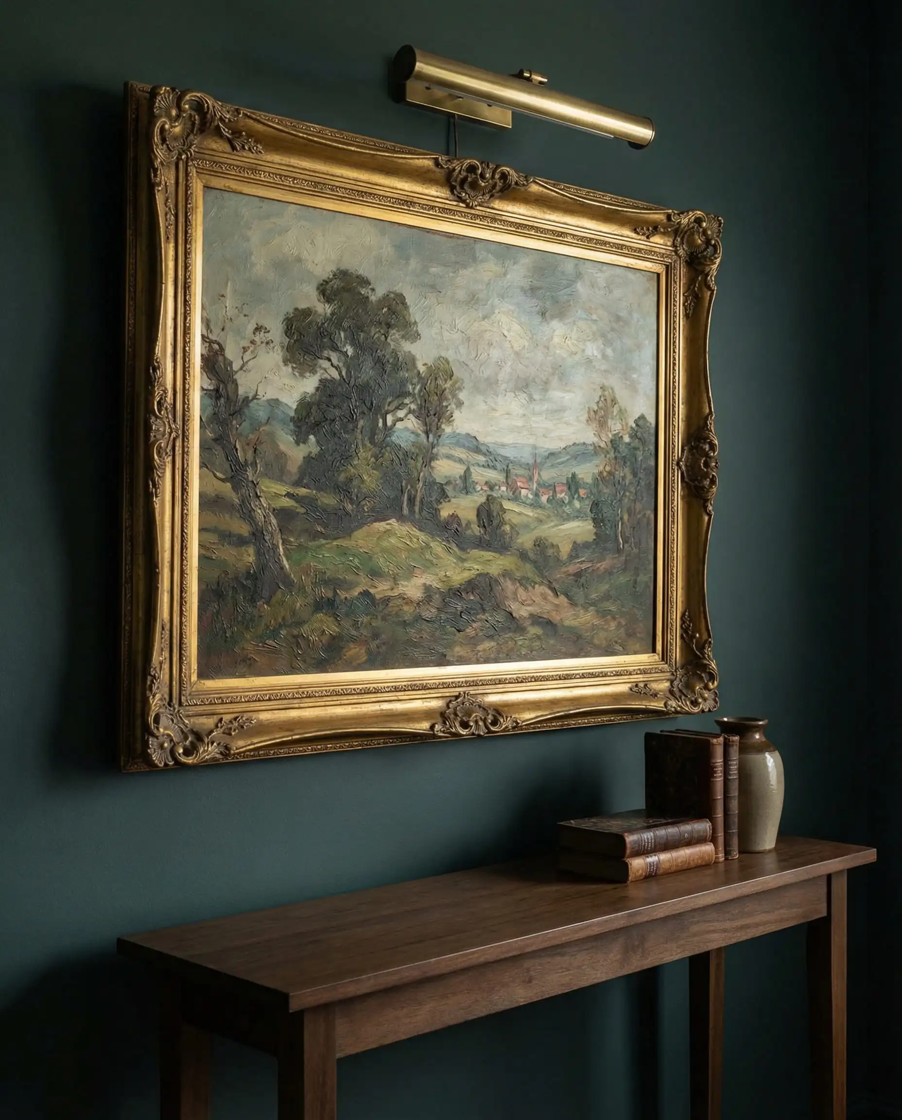 Moody green wall featuring a large framed vintage landscape oil painting.