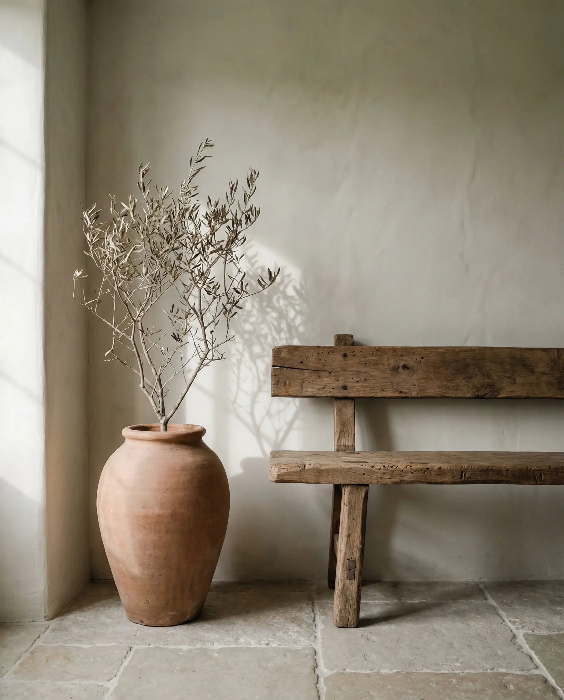 Rustic farmhouse corner featuring an antique wooden bench, limestone floor, and terracotta olive jar.
