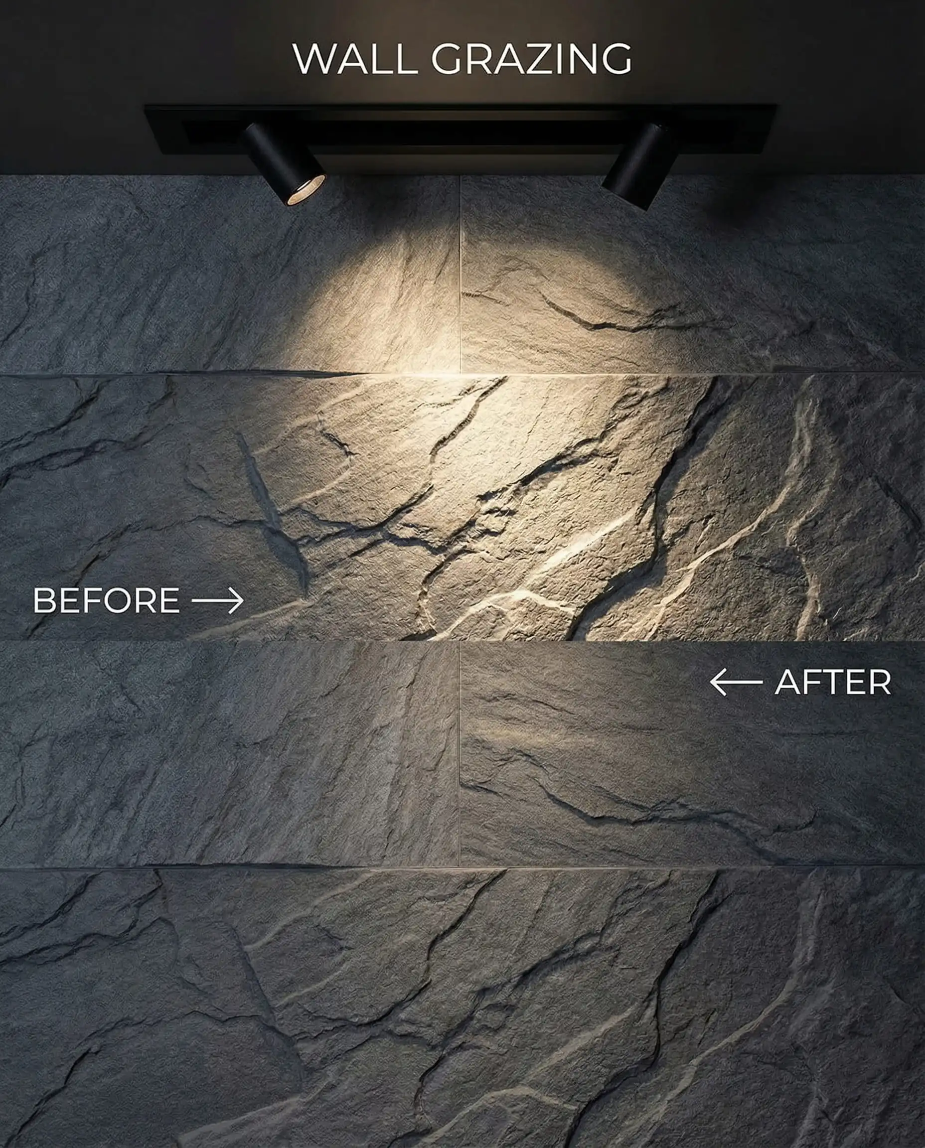 Demonstration of track lighting grazing down a textured stone wallpaper to reveal deep shadows and 3D relief.