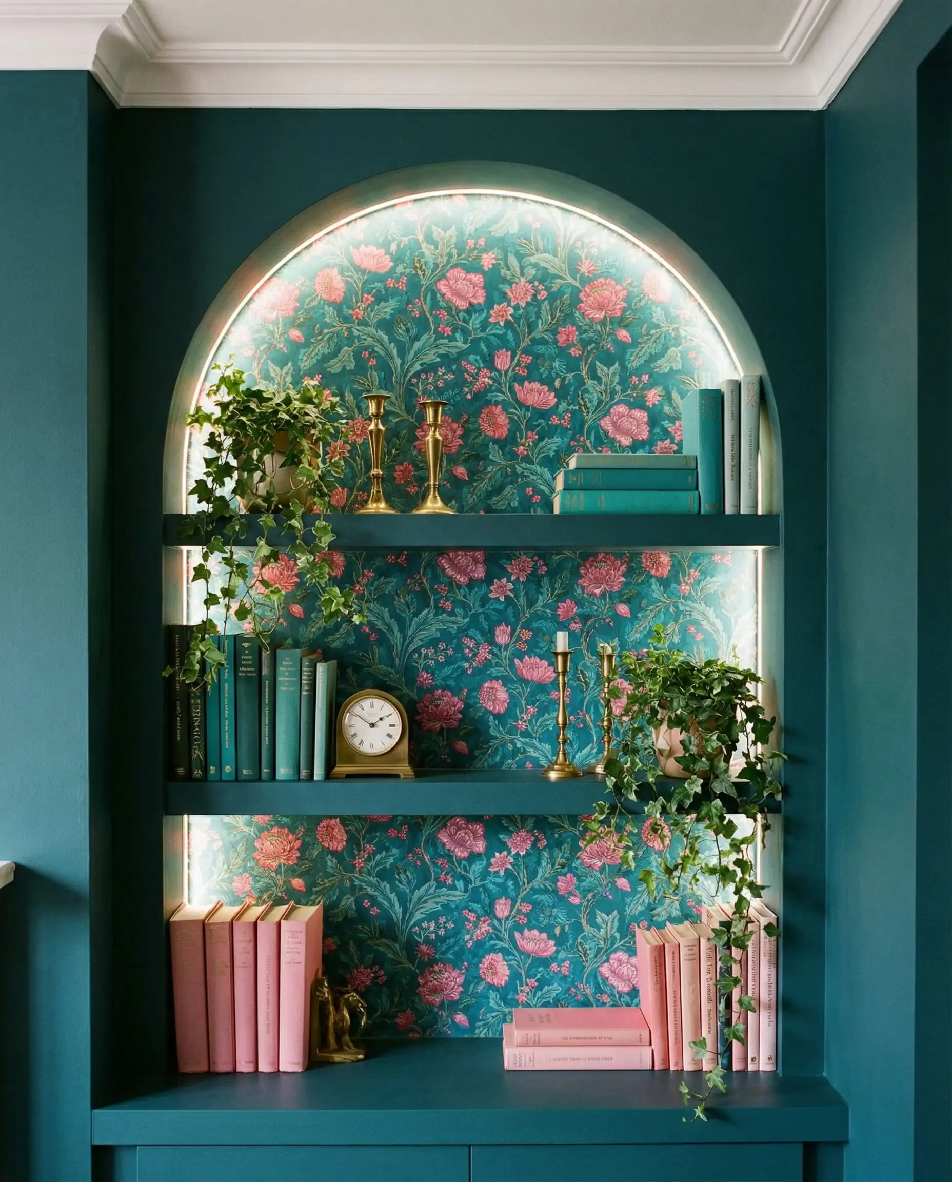 Étagère encastrée avec papier peint floral coloré à l'intérieur de la niche et étagères peintes sarcelle.