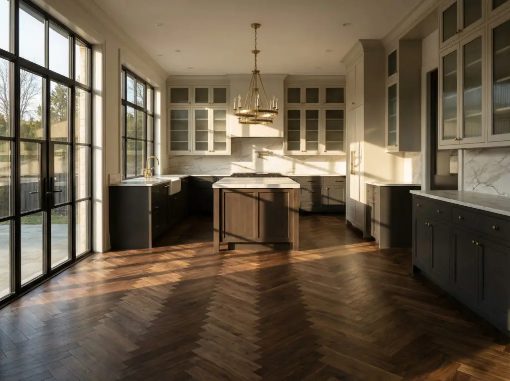 Vue d'ensemble d'une cuisine spacieuse avec un parquet en noyer foncé posé en chevrons précis, associé à des plans de travail en marbre et des touches de laiton, illustrant la tendance du luxe discret pour 2026.