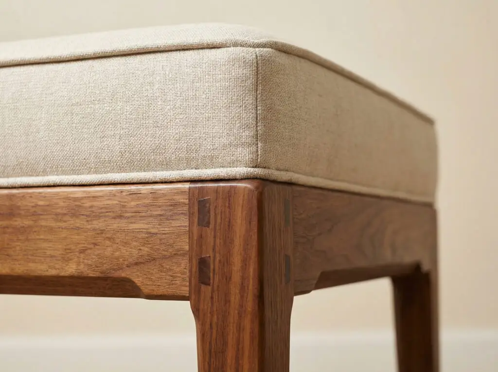 Gros plan macro sur le coin d'un socle de pouf en bois de noyer, montrant un assemblage expert à tenons et mortaises et un siège recouvert de lin texturé.
