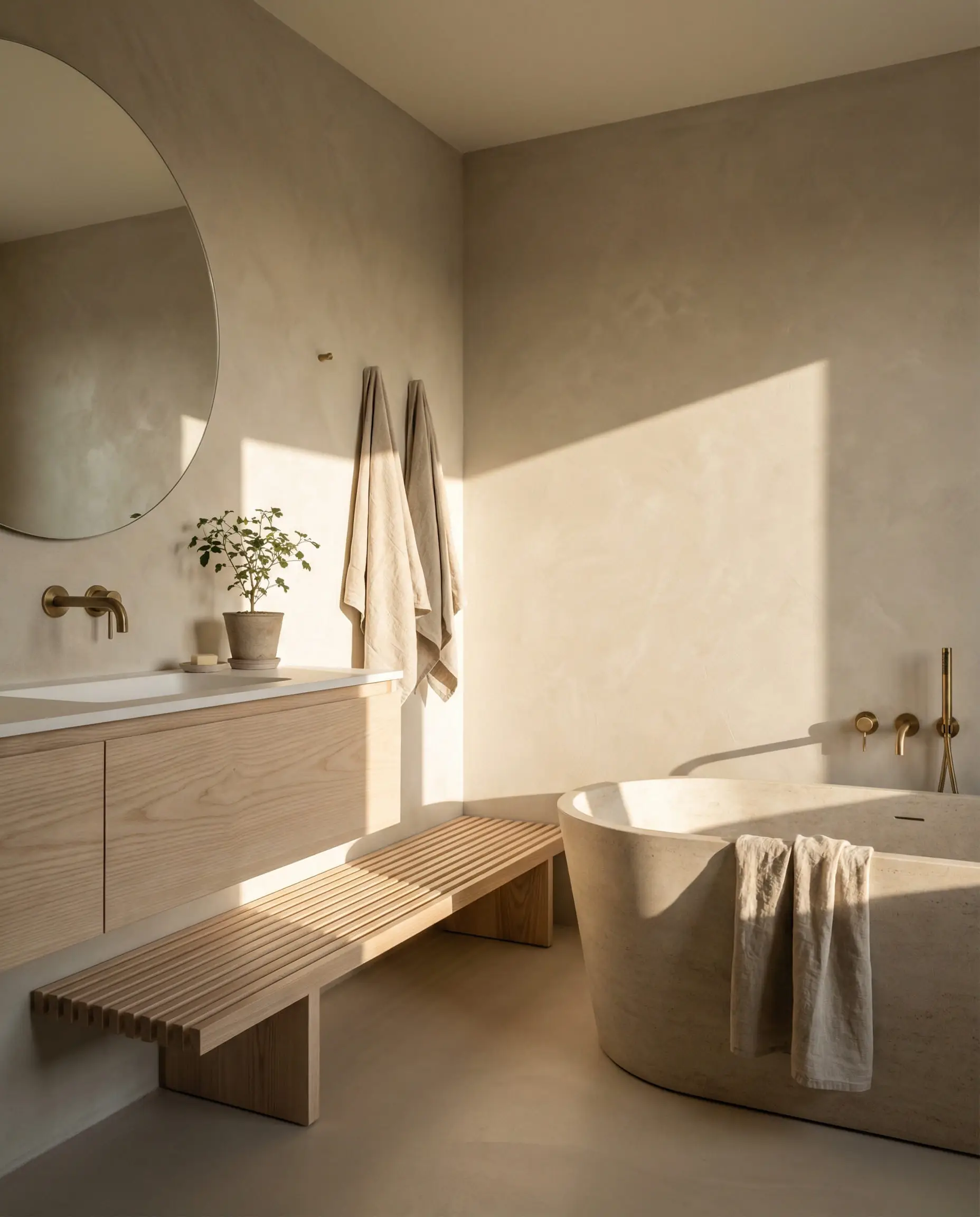 A minimal, Scandi-luxe bathroom featuring a greige (grey + beige) wall color applied with a subtle, hand-brushed limewash technique.