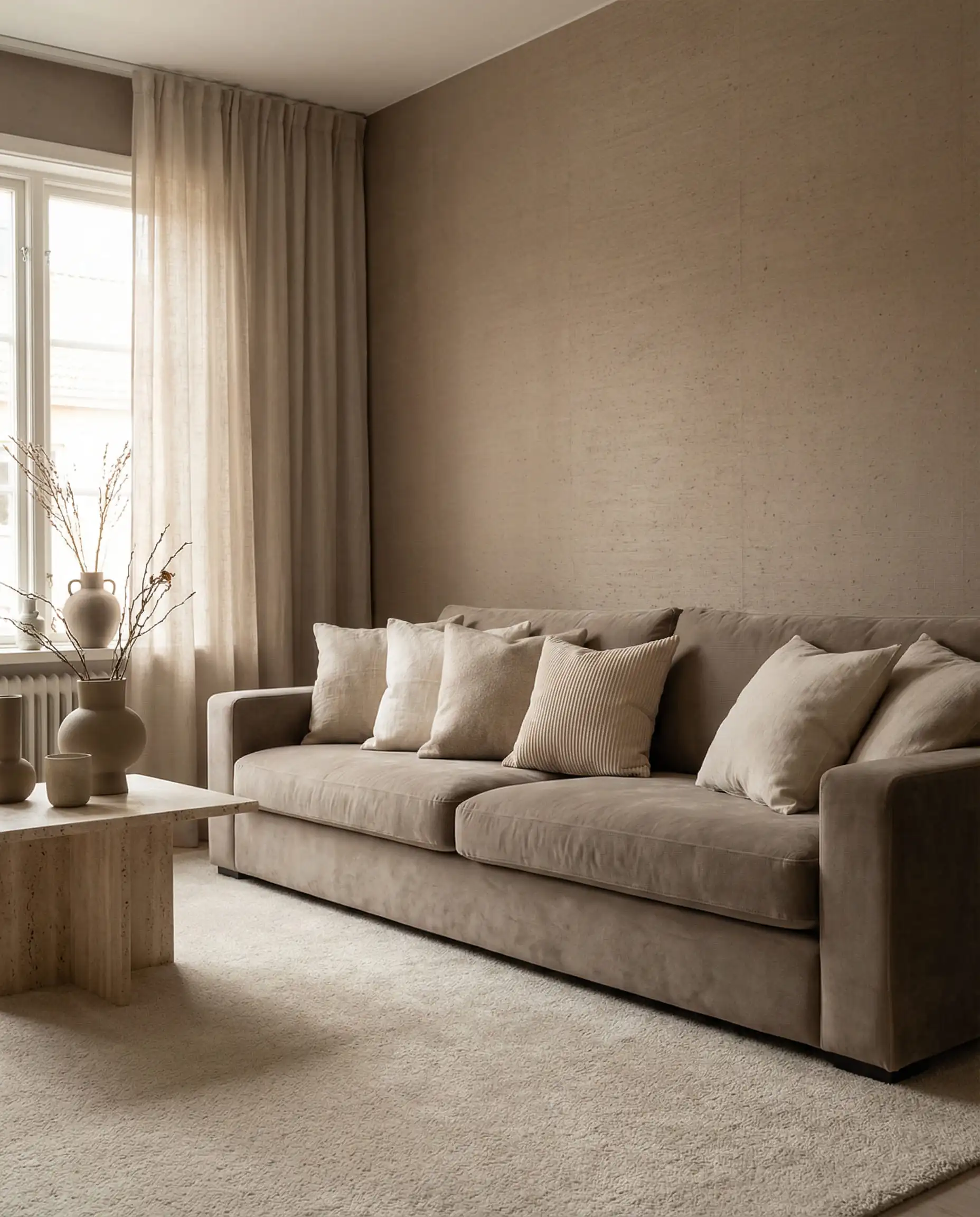 Minimalist living room with warm latte beige wallpaper and matching tone-on-tone furniture.